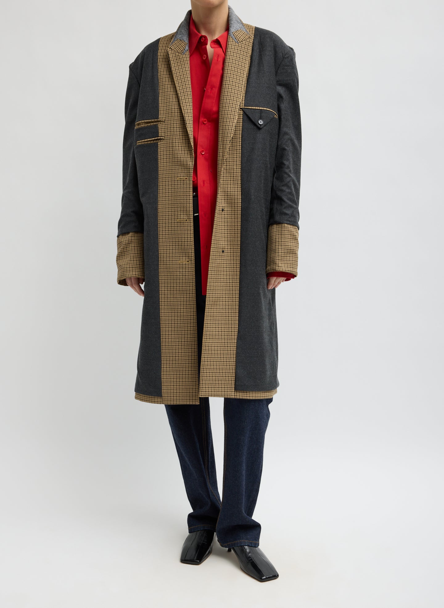Cedar Multi Tan Check Menswear Tech Twill Tailored Midi Men's Coat - front view on model