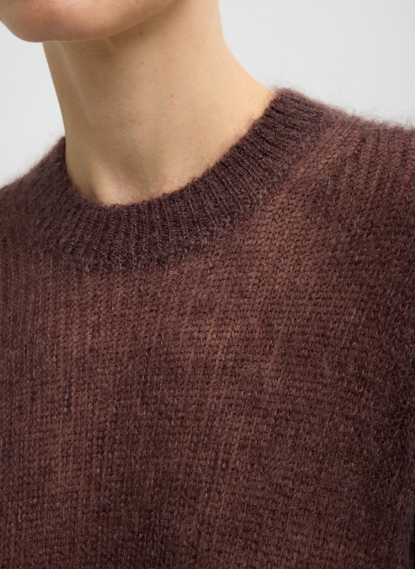 Red Brown Silk Super Kid Mohair Crewneck Easy Pullover - closeup of neckline