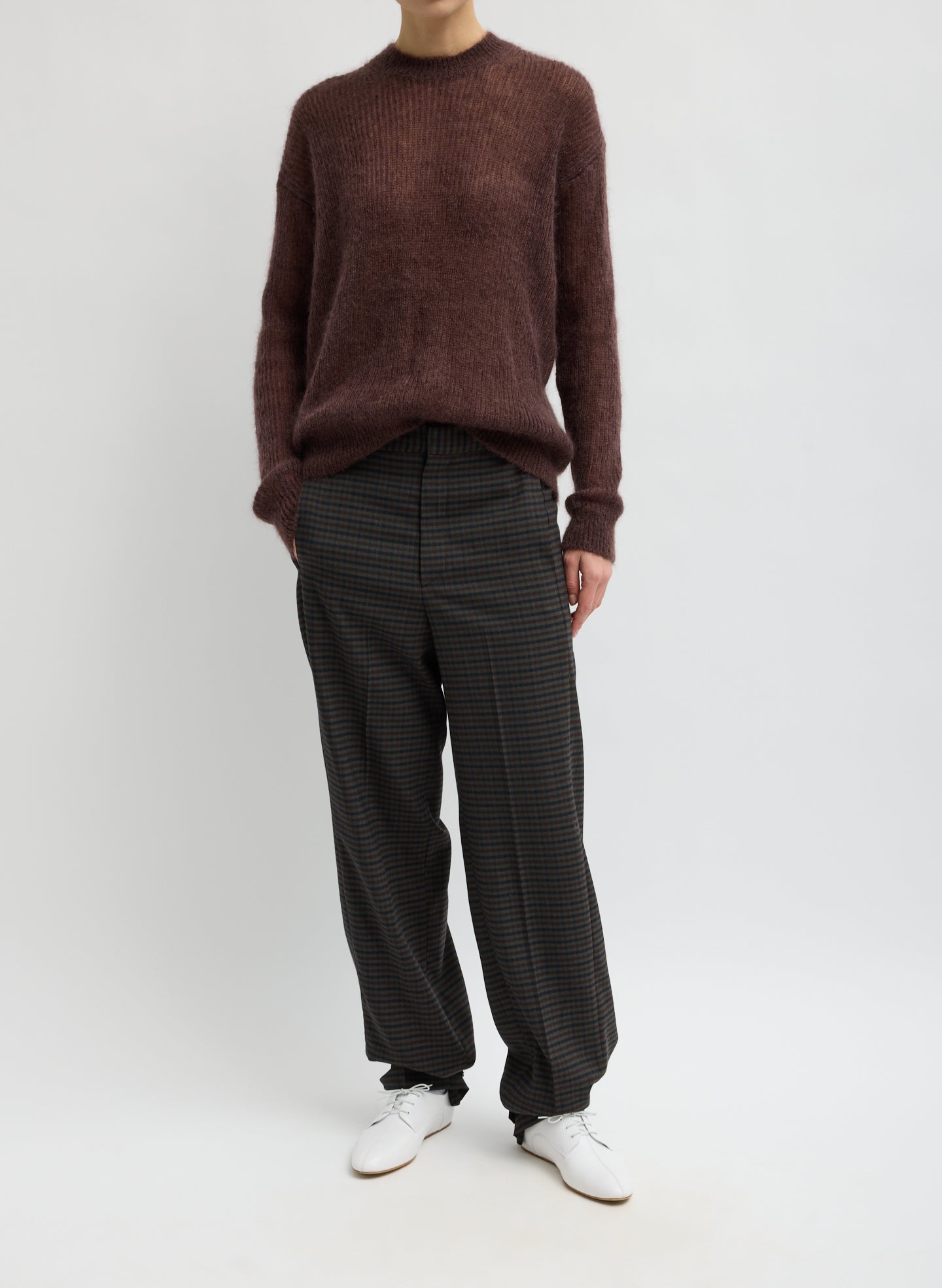 Red Brown Silk Super Kid Mohair Crewneck Easy Pullover - full look, front view on model