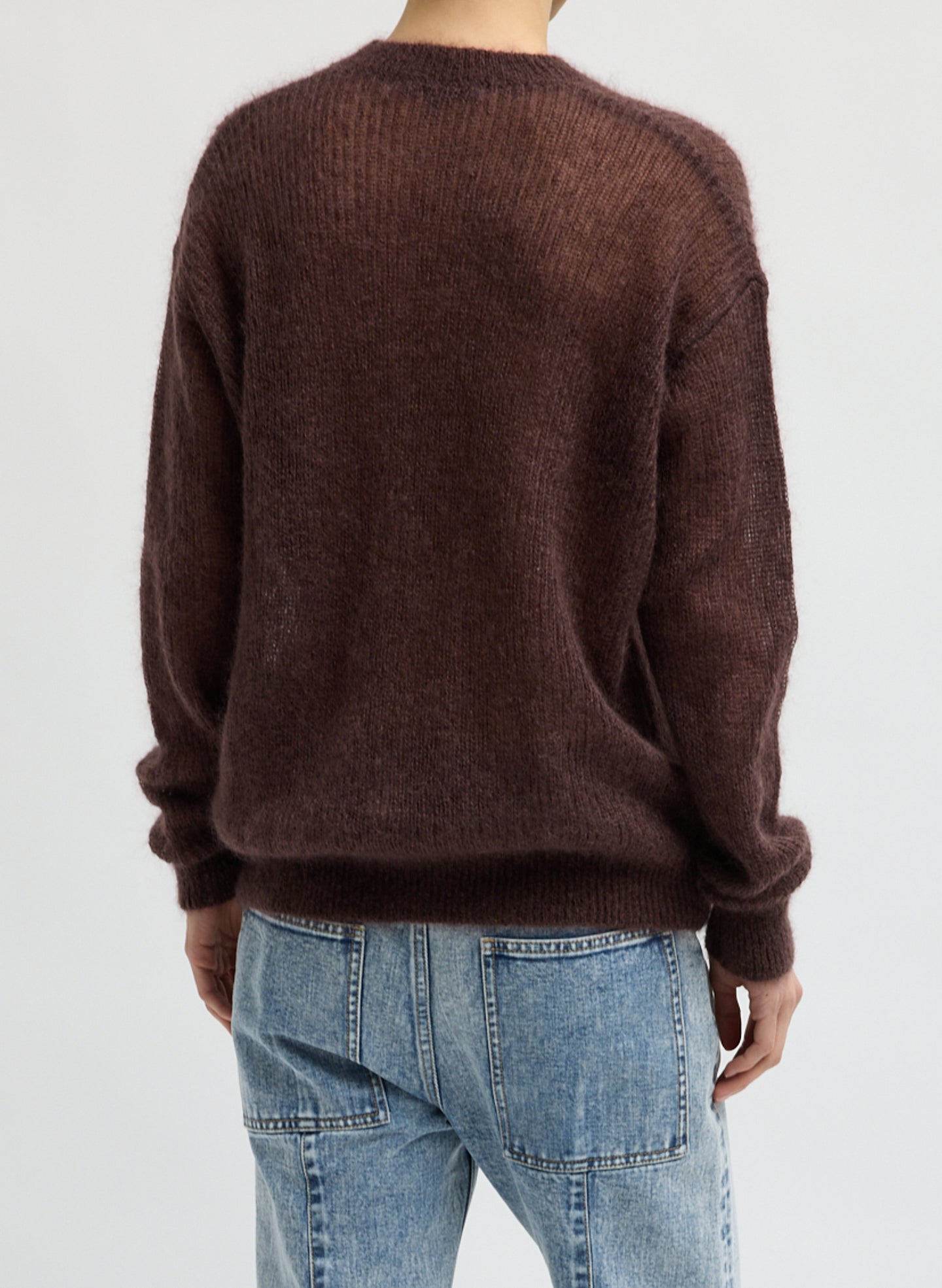 Red Brown Silk Super Kid Mohair Crewneck Easy Pullover - back view on model