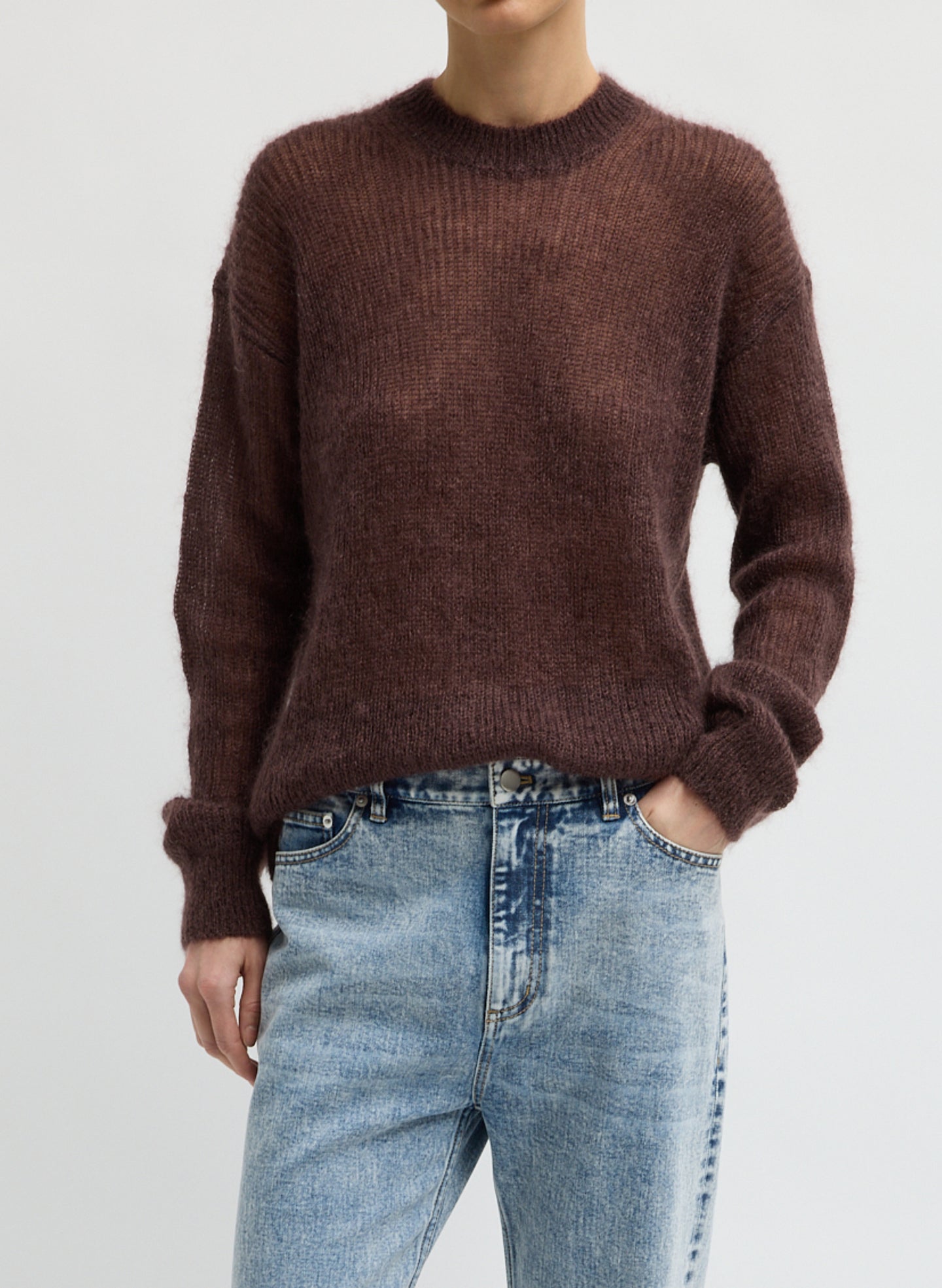 Silk Mohair Crewneck Easy Pullover - Red Brown Silk Super Kid Mohair Crewneck Easy Pullover - front view on model