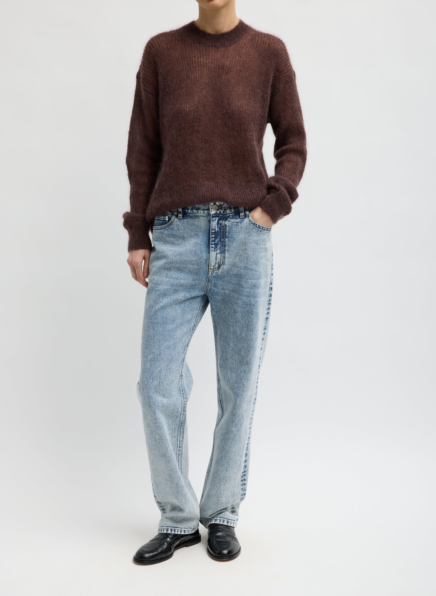 Red Brown Silk Super Kid Mohair Crewneck Easy Pullover - full look, front view on model