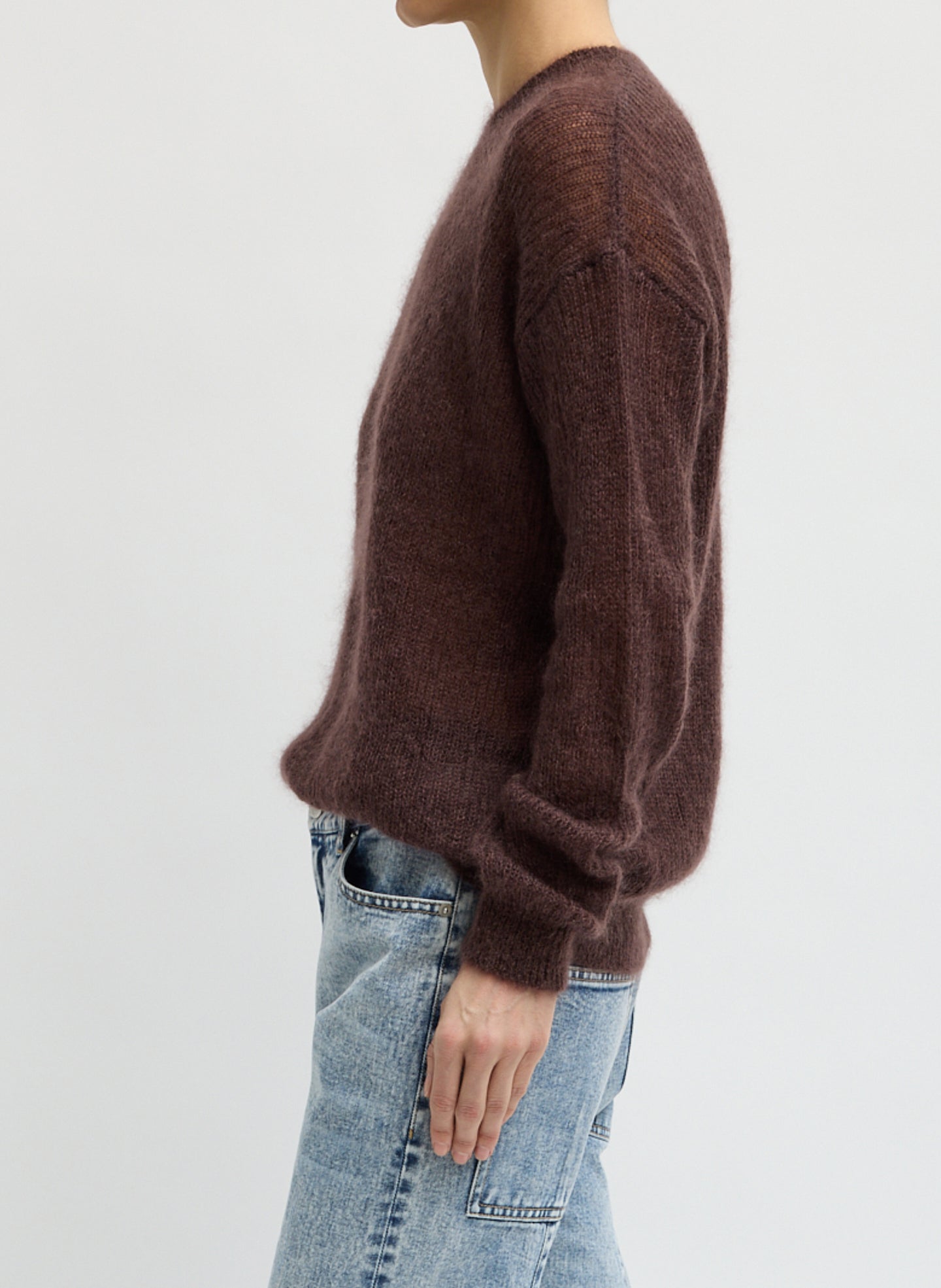 Red Brown Silk Super Kid Mohair Crewneck Easy Pullover - side view on model