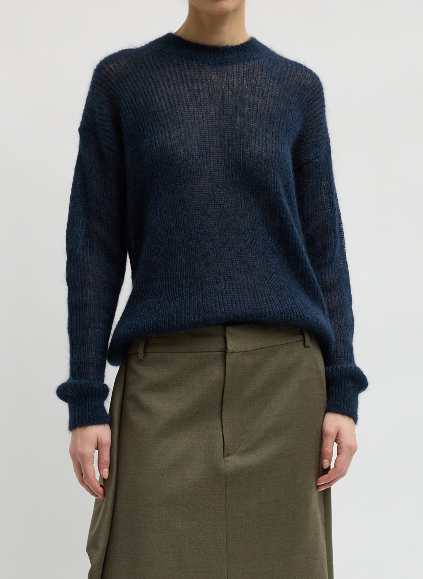Silk Mohair Crewneck Easy Pullover - Navy Silk Super Kid Mohair Crewneck Easy Pullover - front view on model