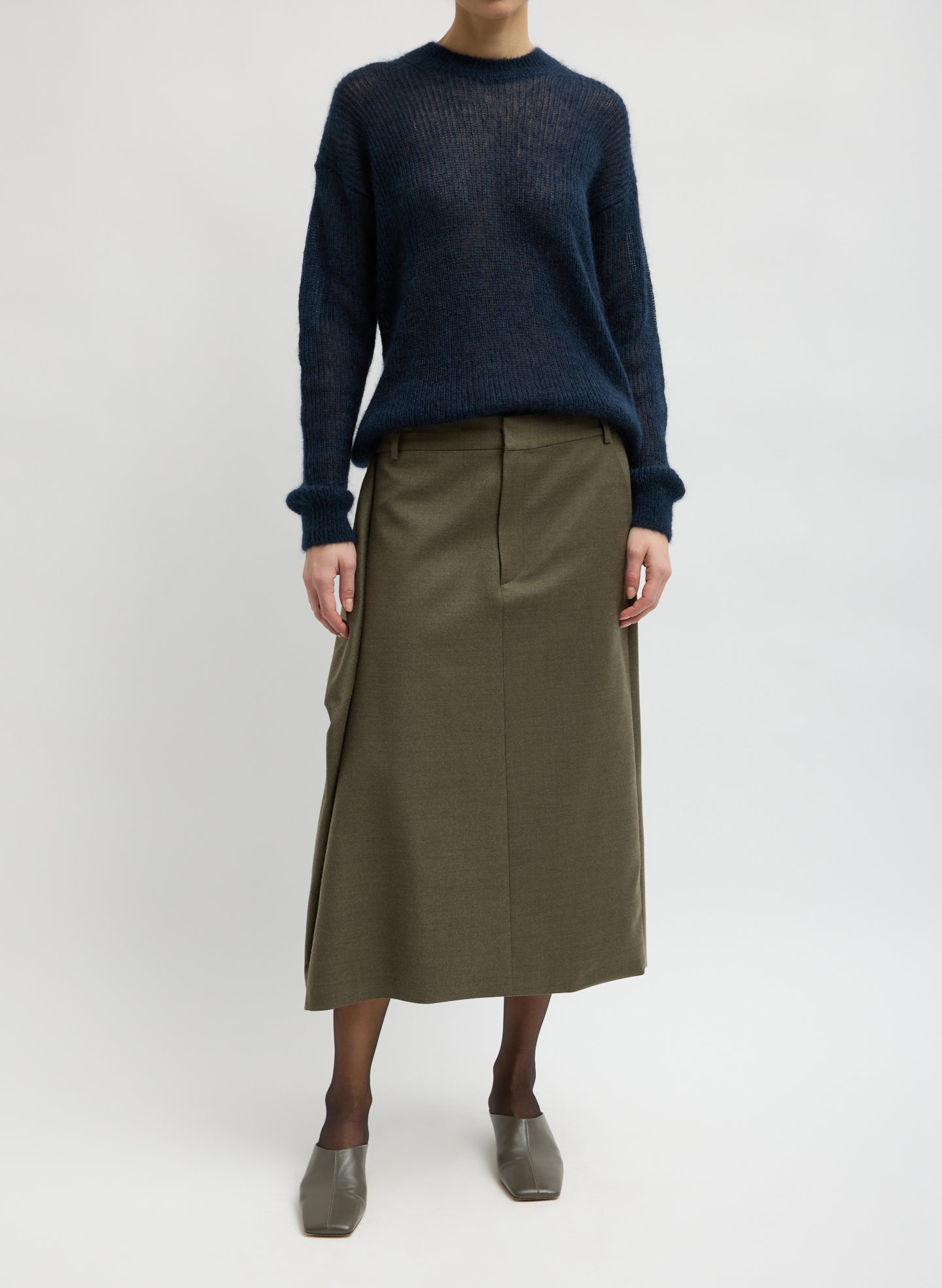 Navy Silk Super Kid Mohair Crewneck Easy Pullover - full look, front view on model