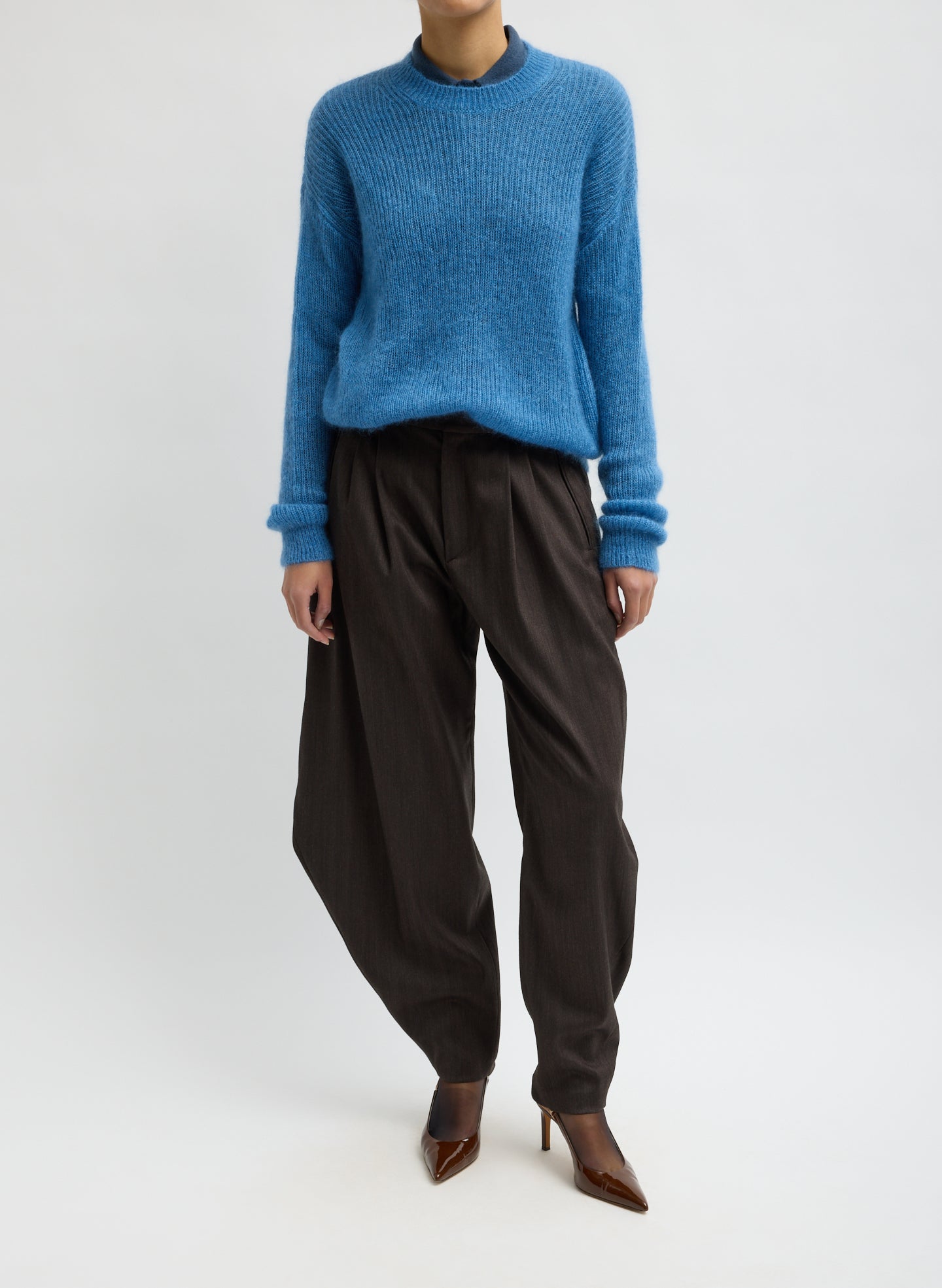 Bright Blue Silk Super Kid Mohair Crewneck Easy Pullover - full look, front view on model