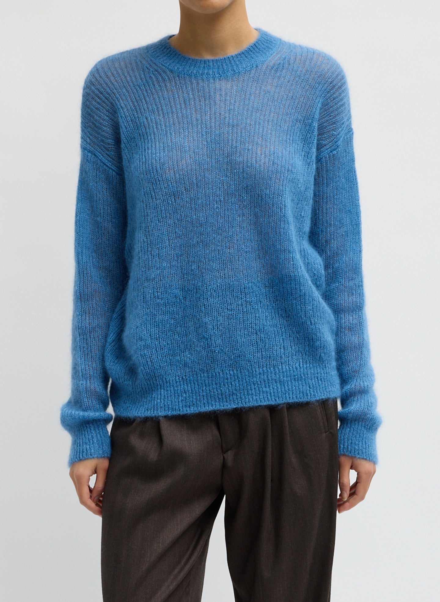 Silk Mohair Crewneck Easy Pullover - Bright Blue Silk Super Kid Mohair Crewneck Easy Pullover - front view on model