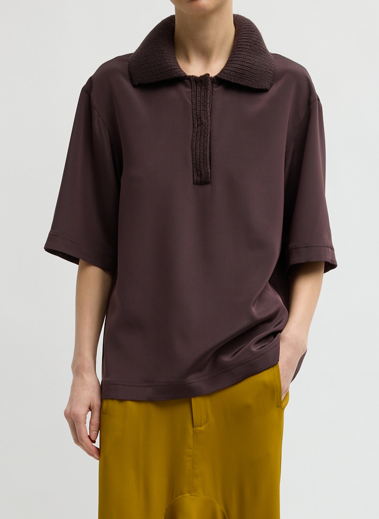 Brown Stretch Silk Nylon CDC Knit Collar Cocoon Top - short sleeve collared top, front view on model