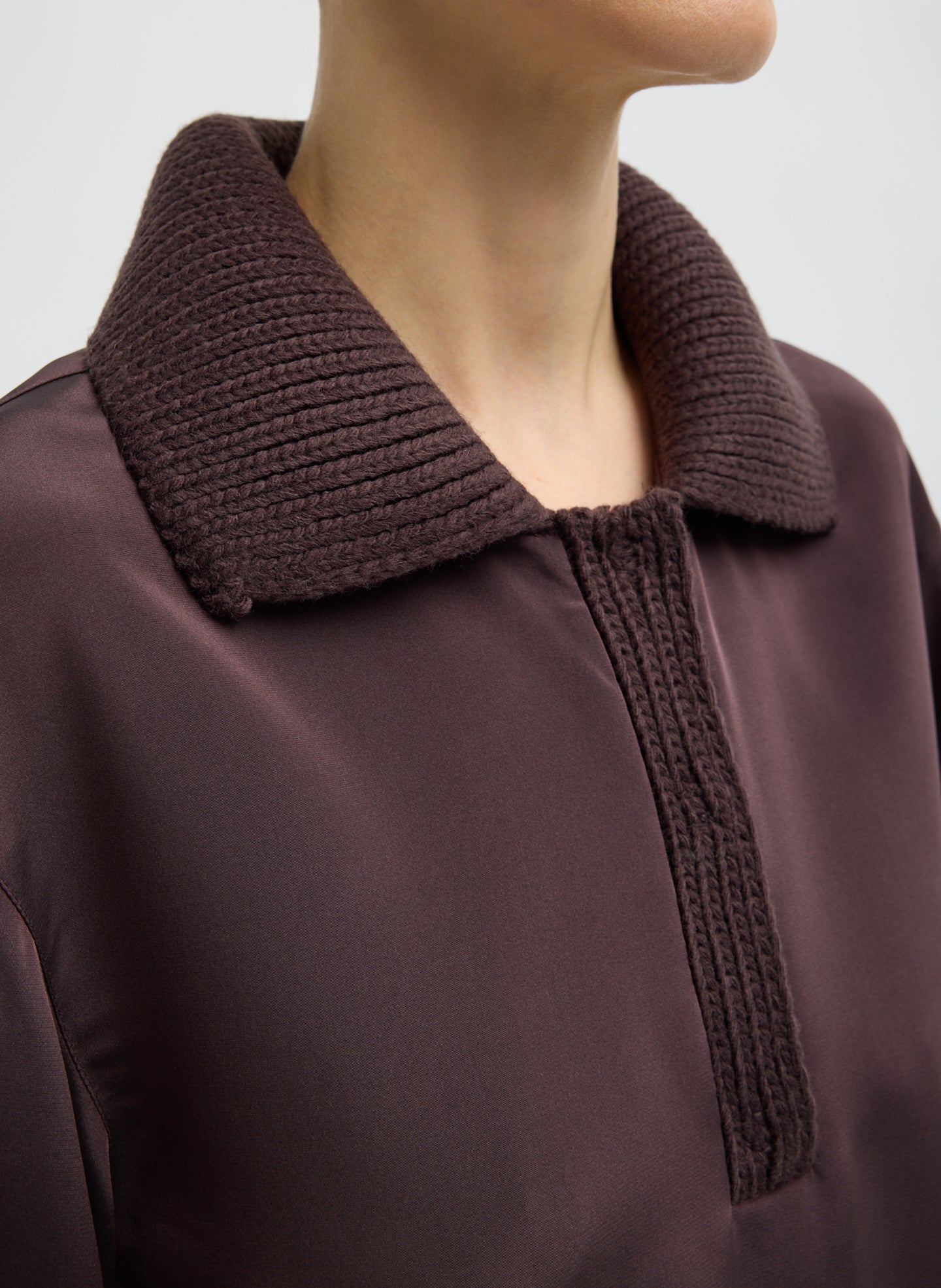 Brown Stretch Silk Nylon CDC Knit Collar Cocoon Top - closeup of knit collar detail