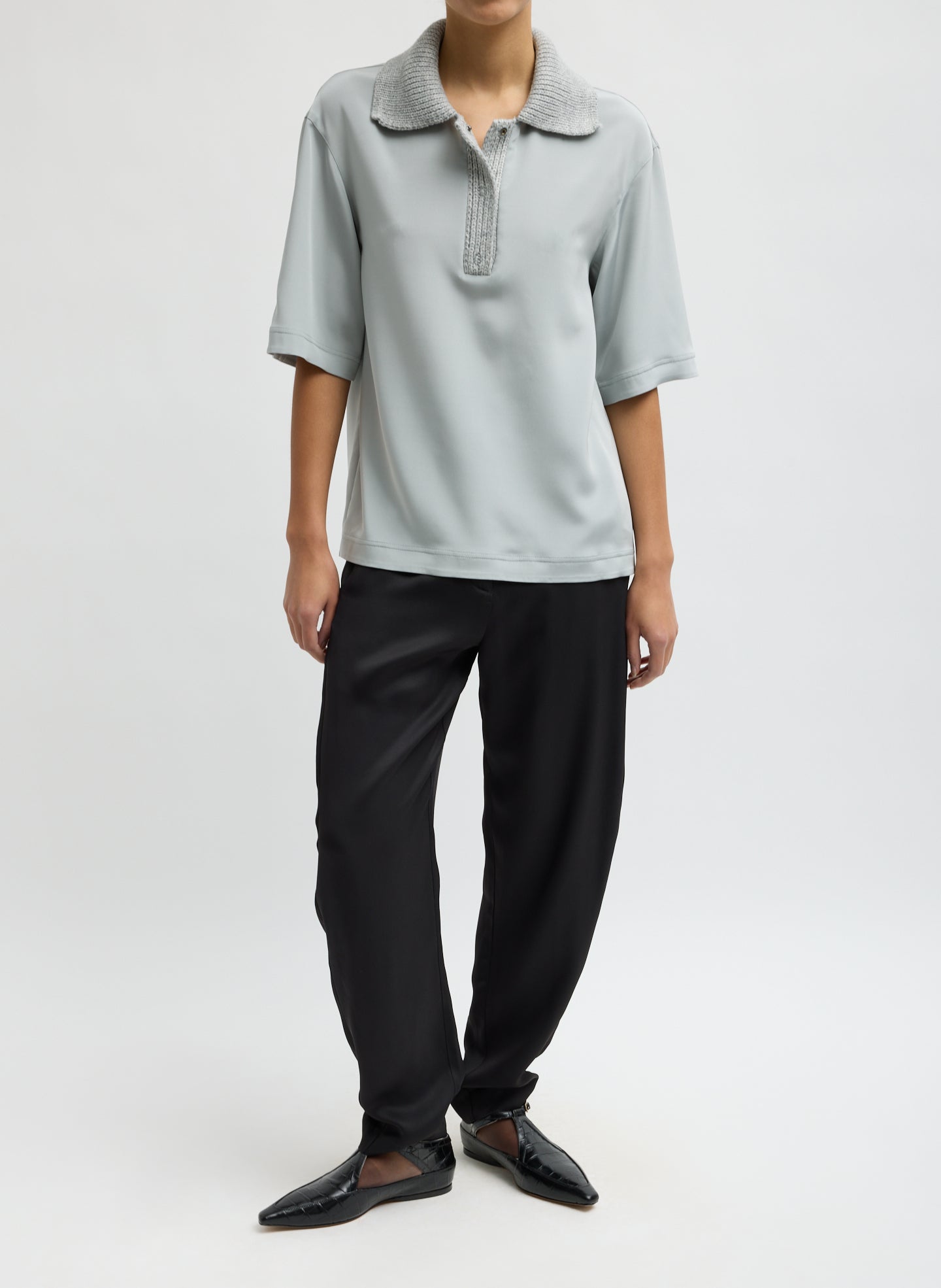 Light Grey Stretch Silk Nylon CDC Knit Collar Cocoon Top - full look, front view on model