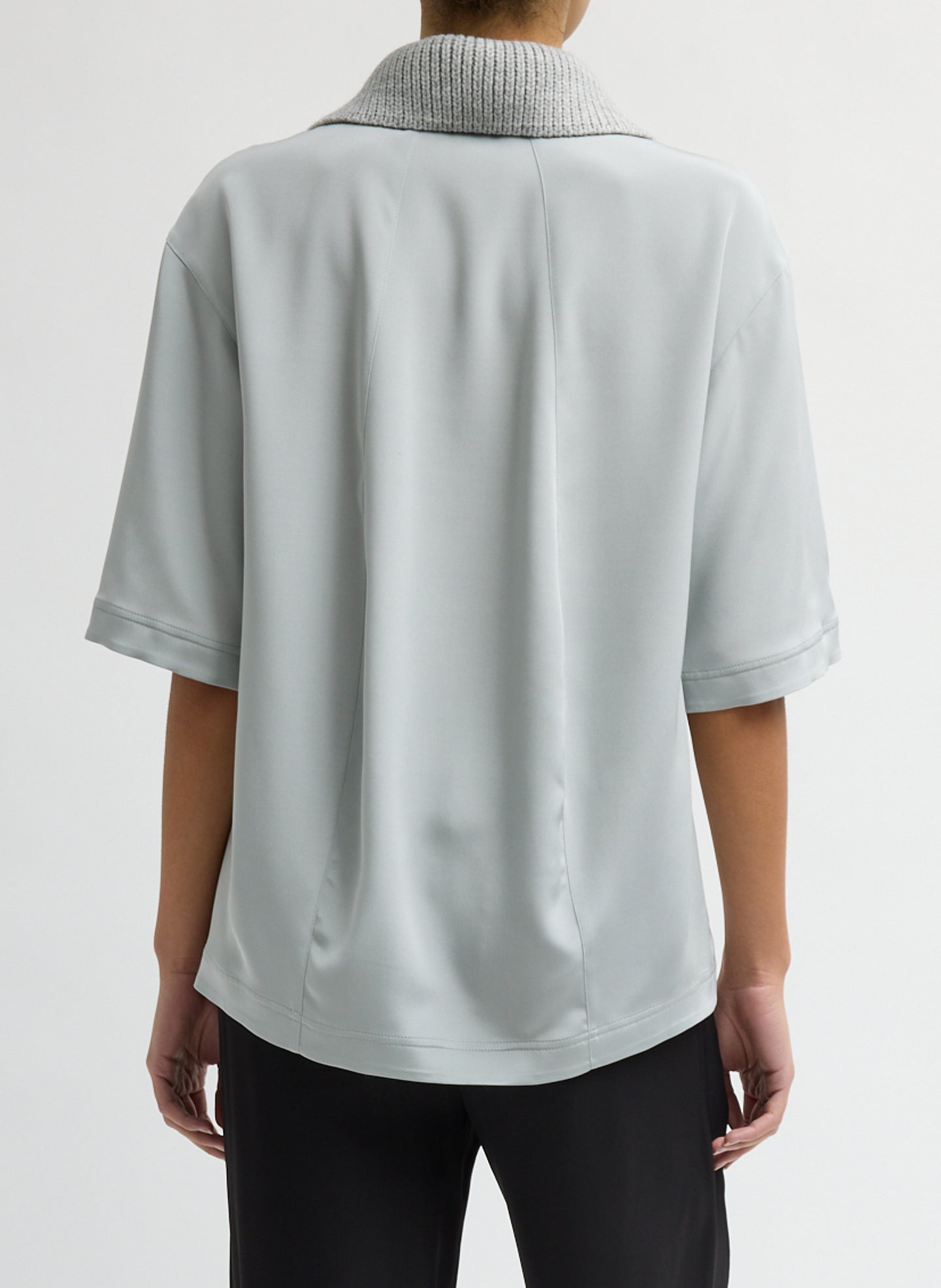 Light Grey Stretch Silk Nylon CDC Knit Collar Cocoon Top - short sleeve collared top, back view on model