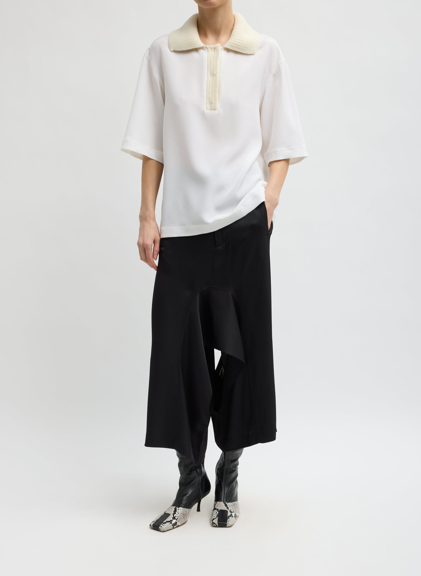 Ivory Stretch Silk Nylon CDC Knit Collar Cocoon Top - full look, front view on model