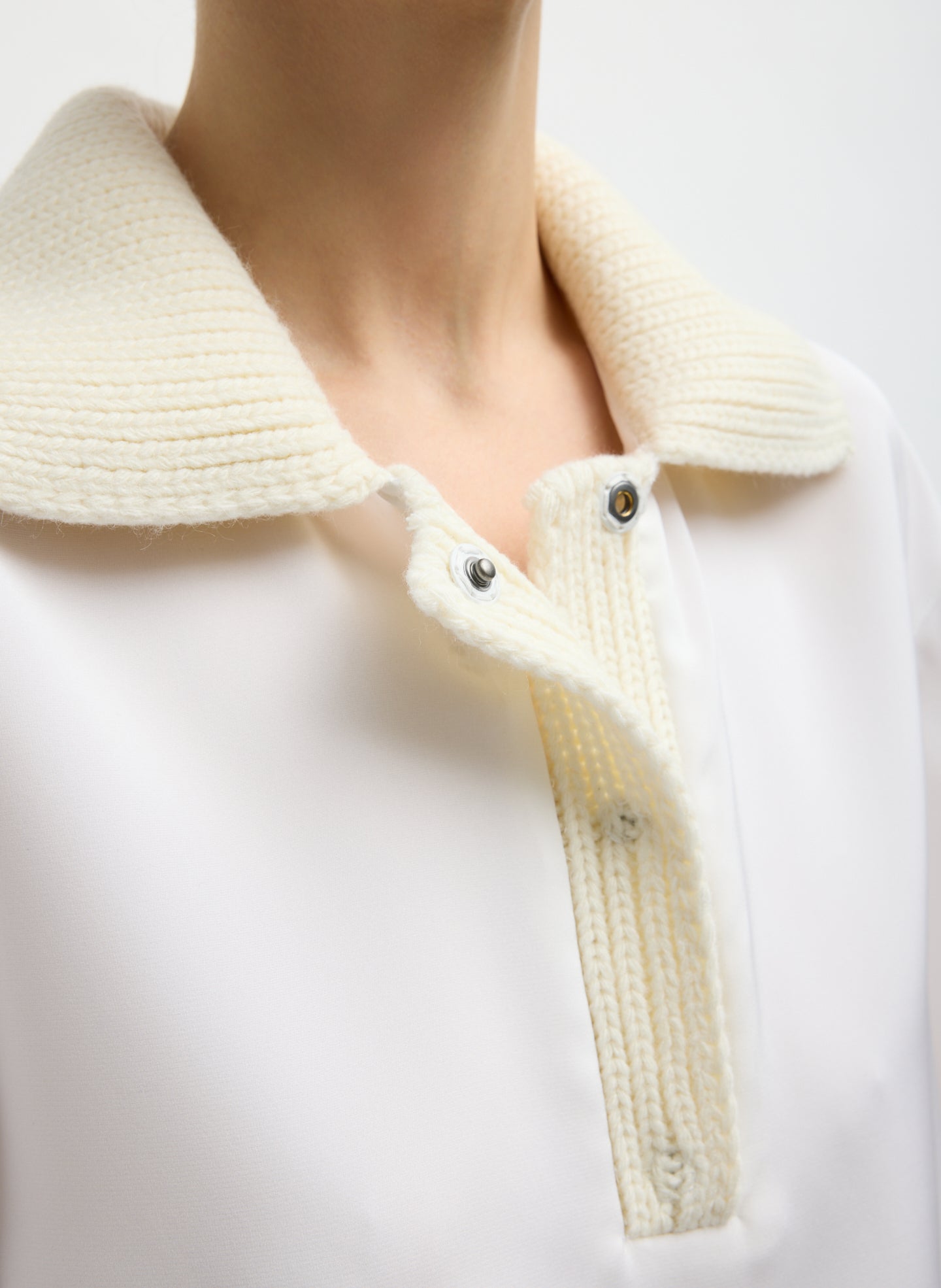 Ivory Stretch Silk Nylon CDC Knit Collar Cocoon Top - closeup of knit collar detail