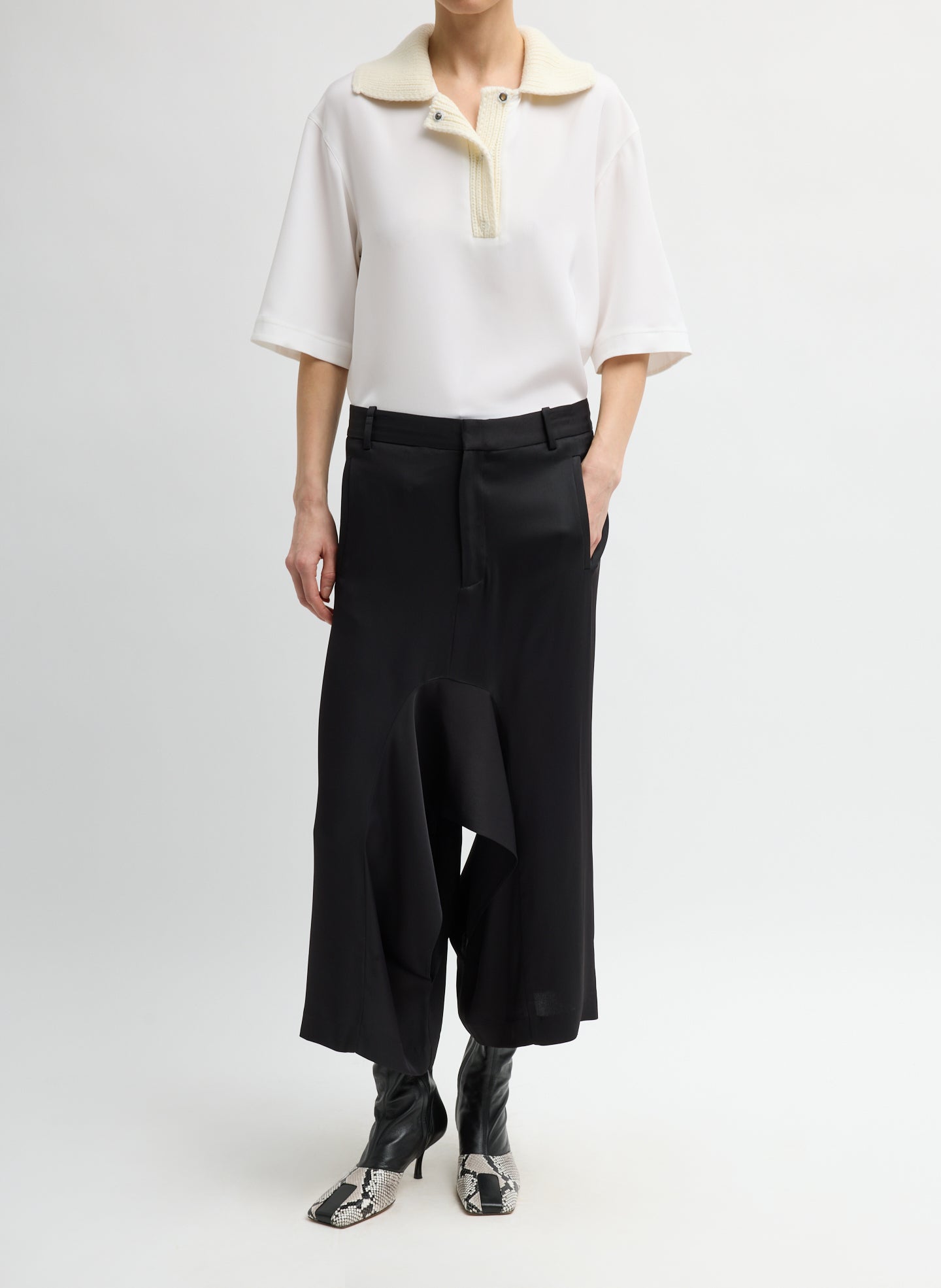 Ivory Stretch Silk Nylon CDC Knit Collar Cocoon Top - full look, front view on model