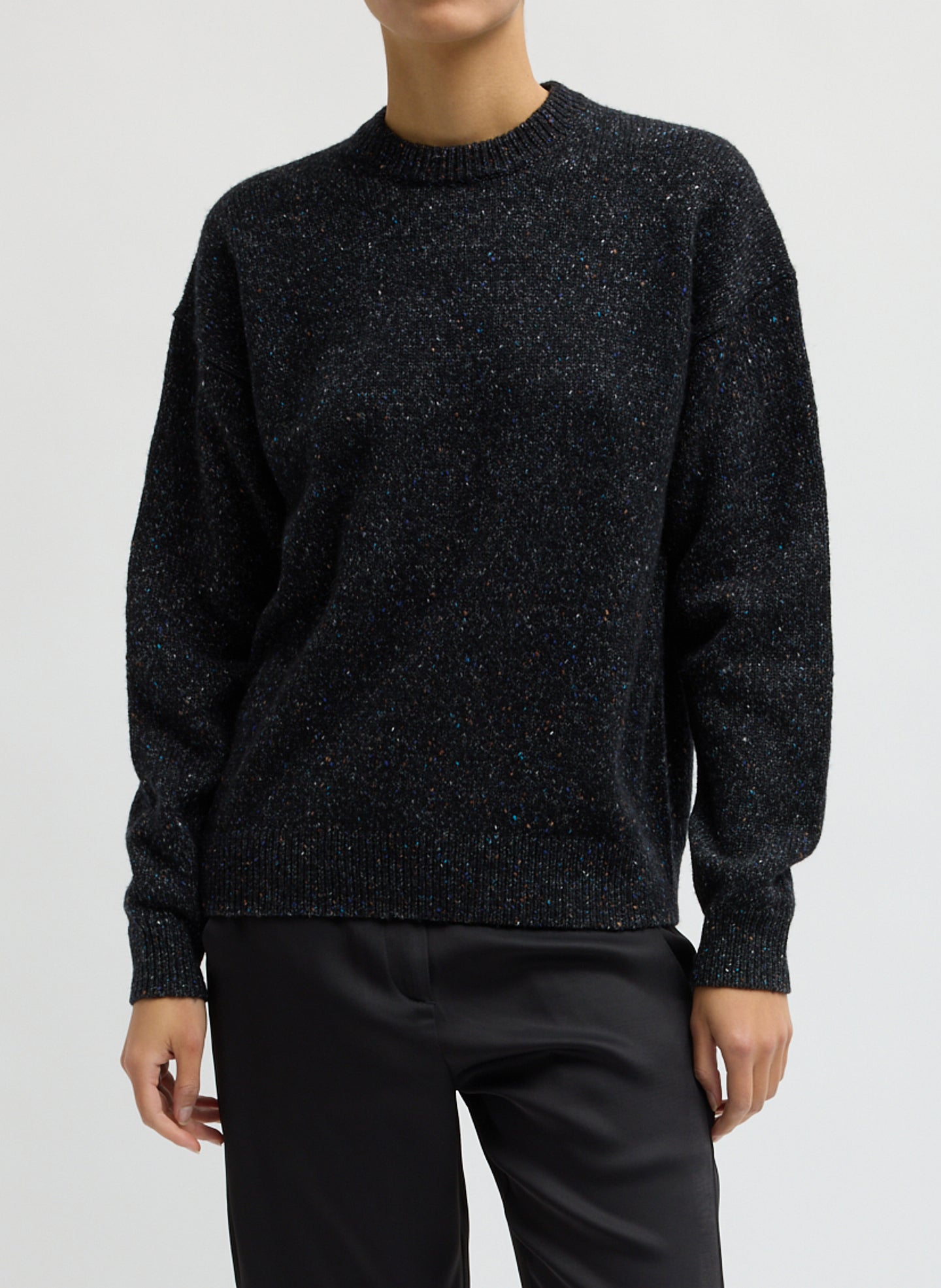Speckled Tweed Crewneck Easy Pullover - Black Multi Speckled Tweed Crewneck Sweater - front view on model