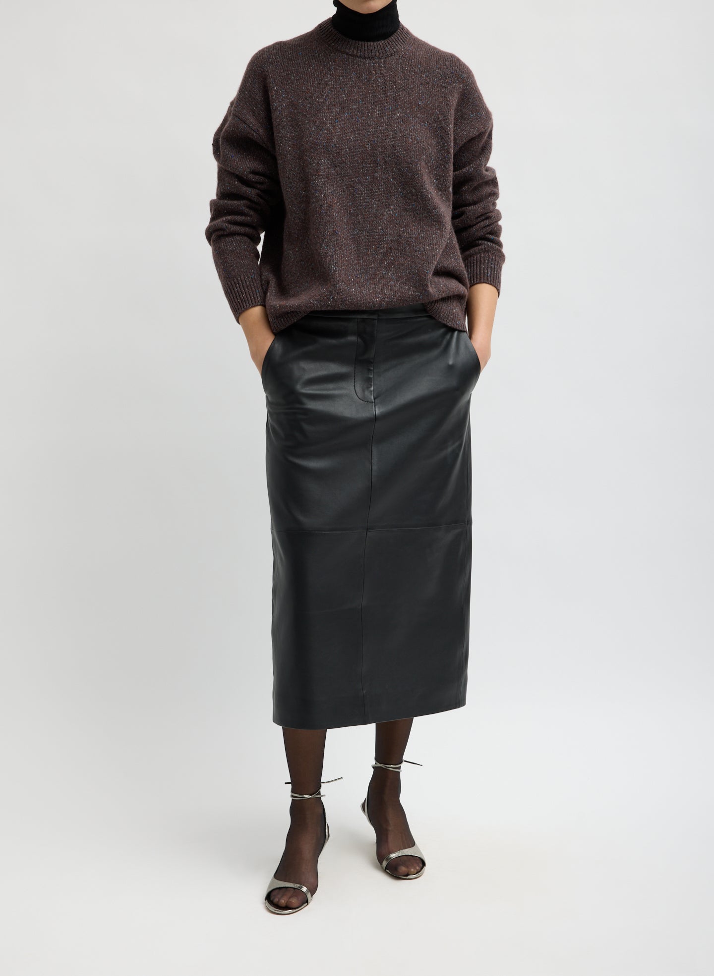 Brown Multi Speckled Tweed Crewneck Sweater - full look, front view on model