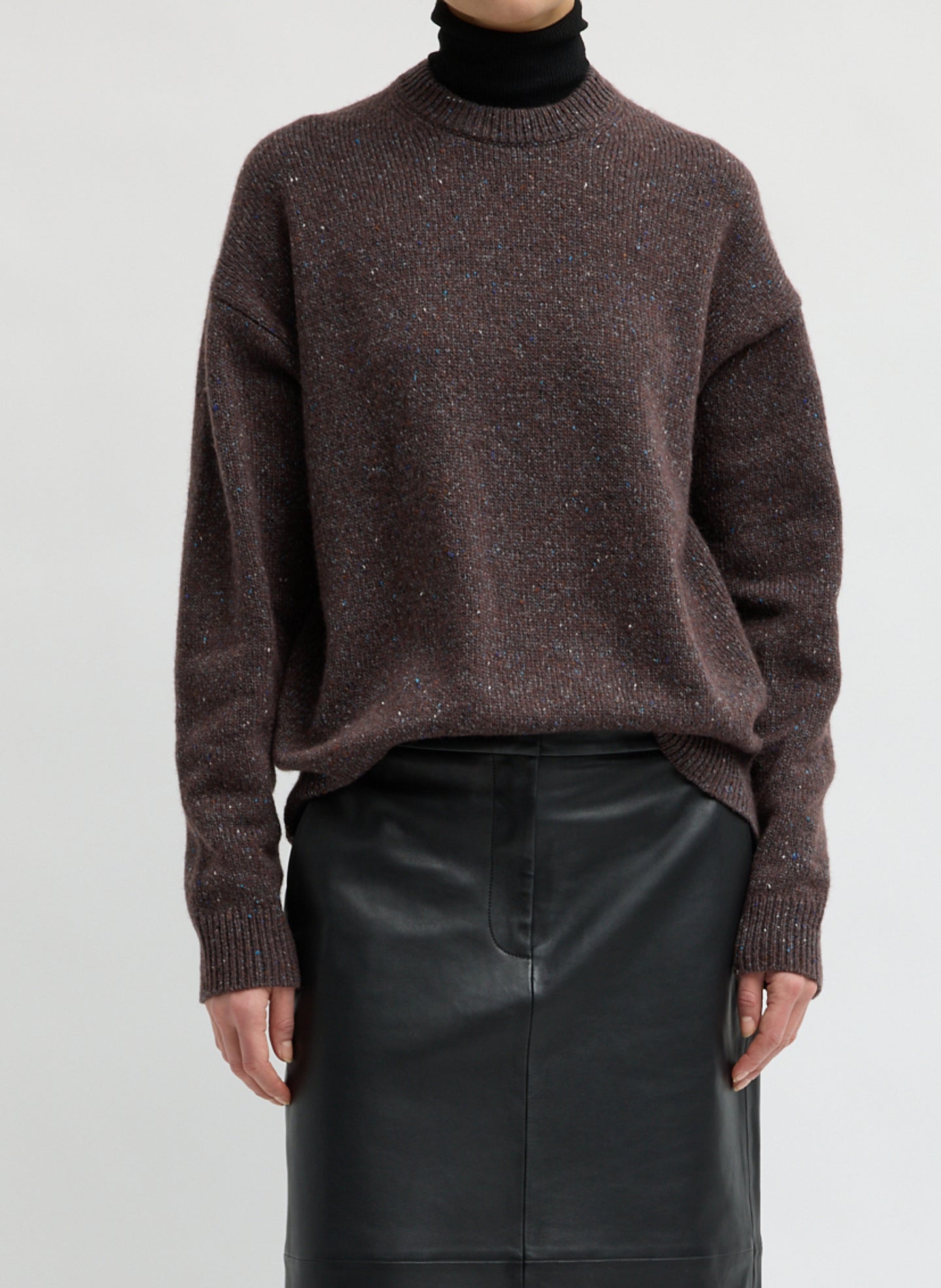 Speckled Tweed Crewneck Easy Pullover - Brown Multi Speckled Tweed Crewneck Sweater - front view on model