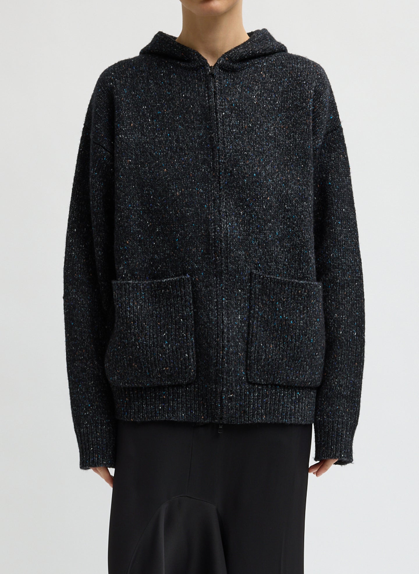 Black Multi Speckled Tweed Zip Up Hoodie Jacket with Leather Patches - front view on model