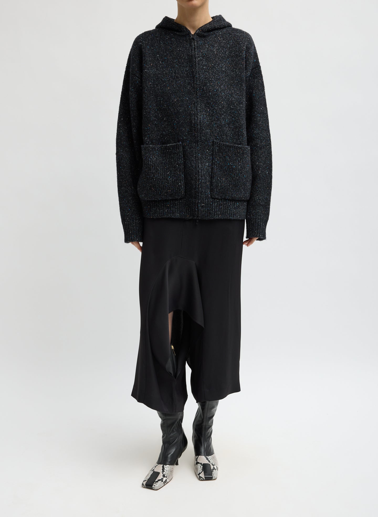 Black Multi Speckled Tweed Zip Up Hoodie Jacket with Leather Patches - full look, front view on model