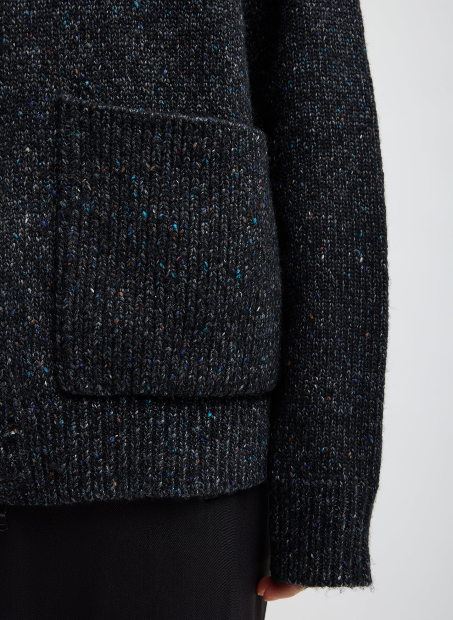 Black Multi Speckled Tweed Zip Up Hoodie Jacket with Leather Patches - closeup of speckled fabrication