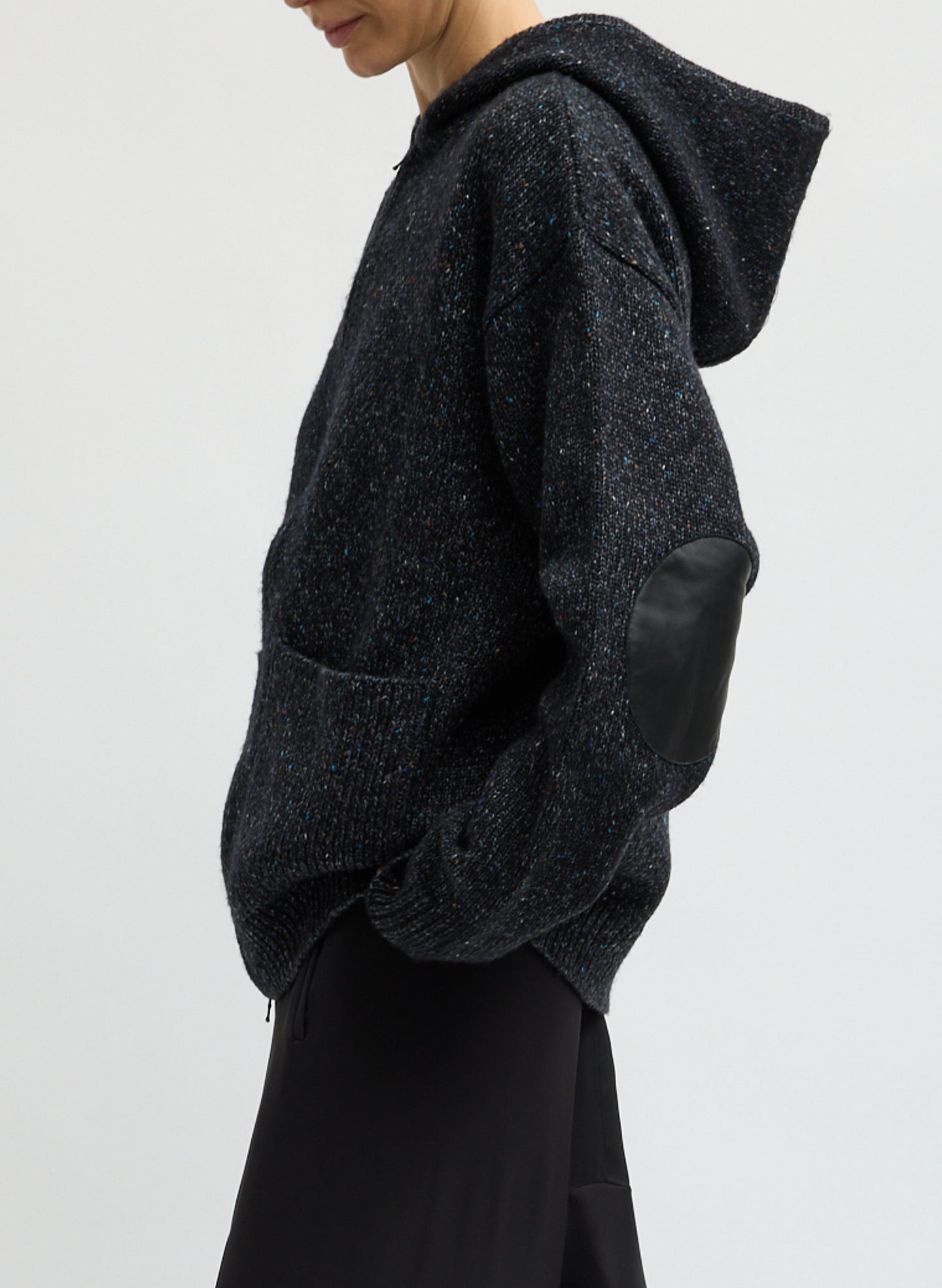 Black Multi Speckled Tweed Zip Up Hoodie Jacket with Leather Patches - side view on model