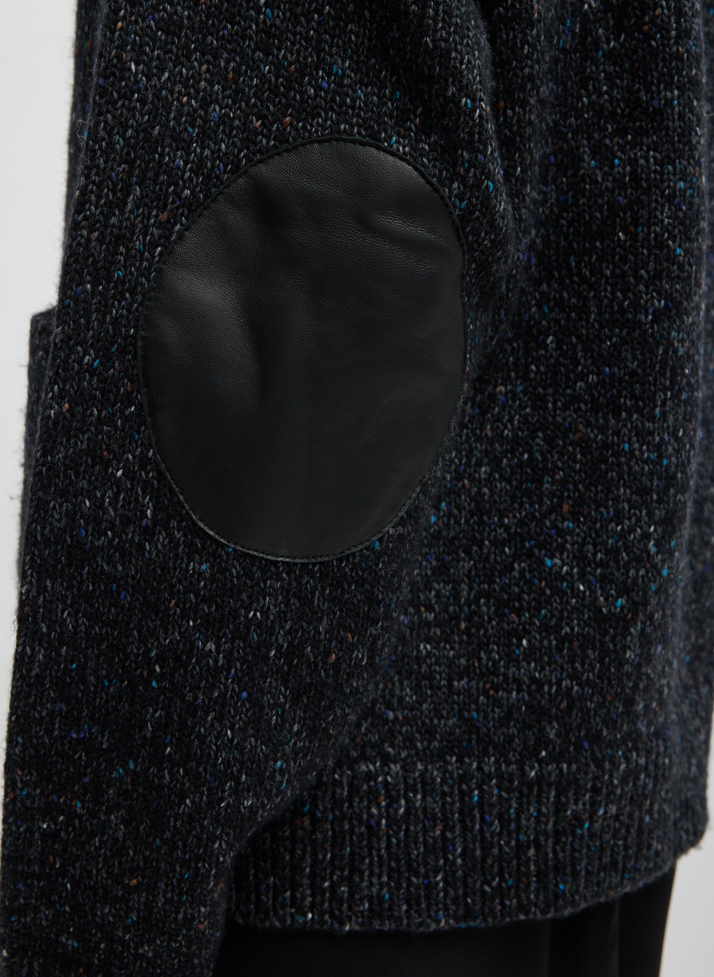 Black Multi Speckled Tweed Zip Up Hoodie Jacket with Leather Patches - closeup of leather patch at elbow