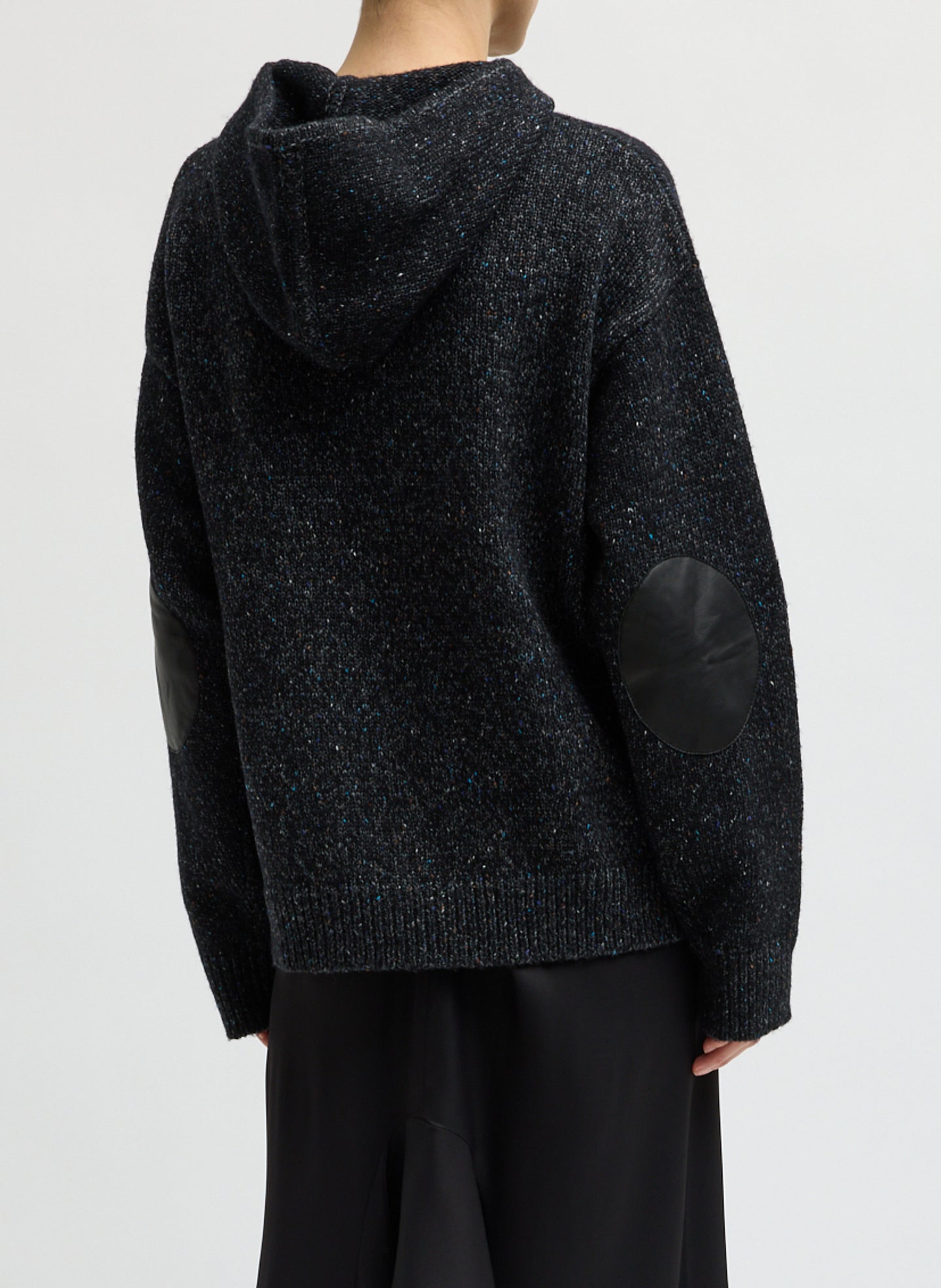 Black Multi Speckled Tweed Zip Up Hoodie Jacket with Leather Patches - back view on model