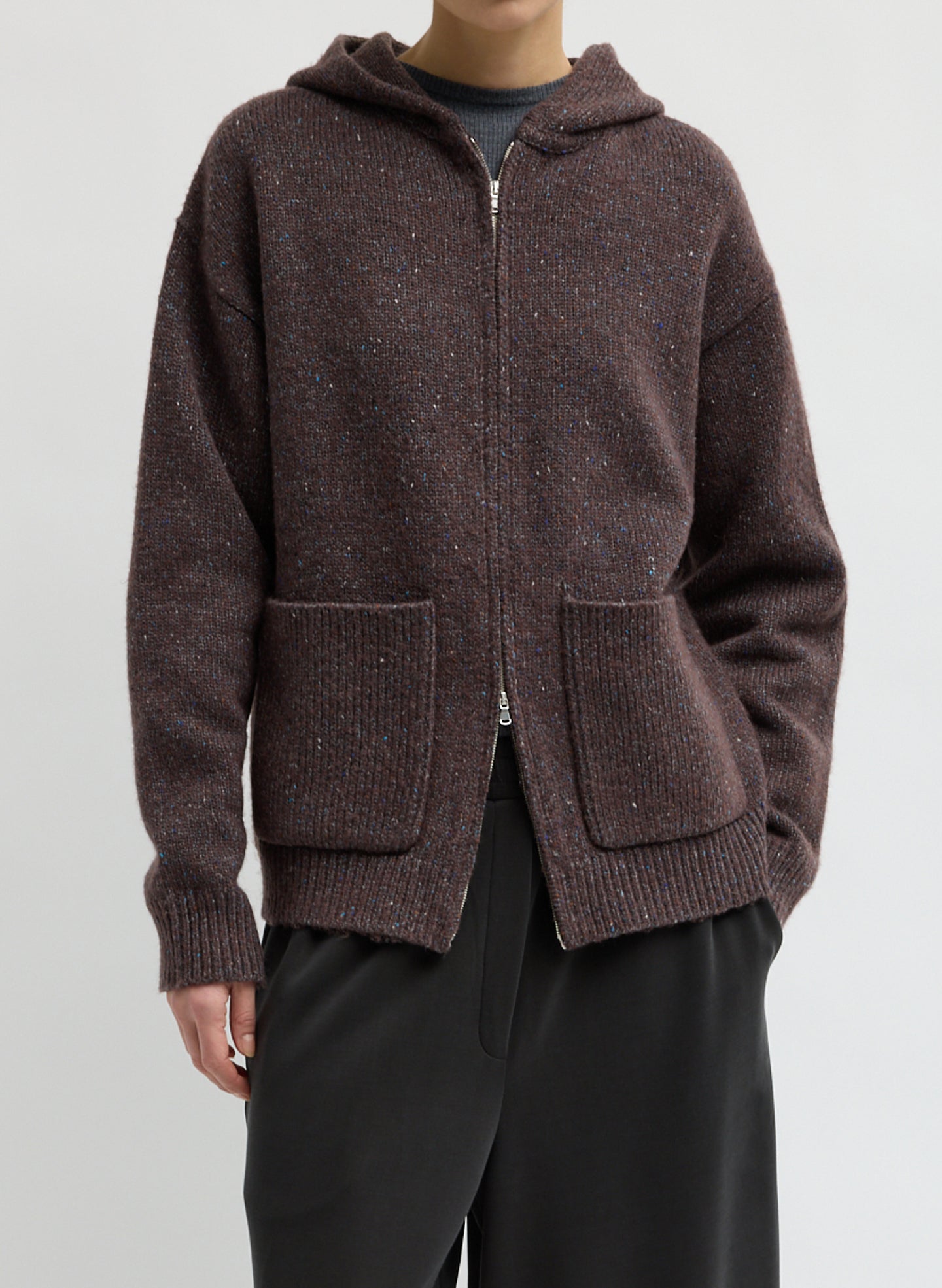 Brown Multi Speckled Tweed Zip Up Hoodie Jacket with Leather Patches - front view on model