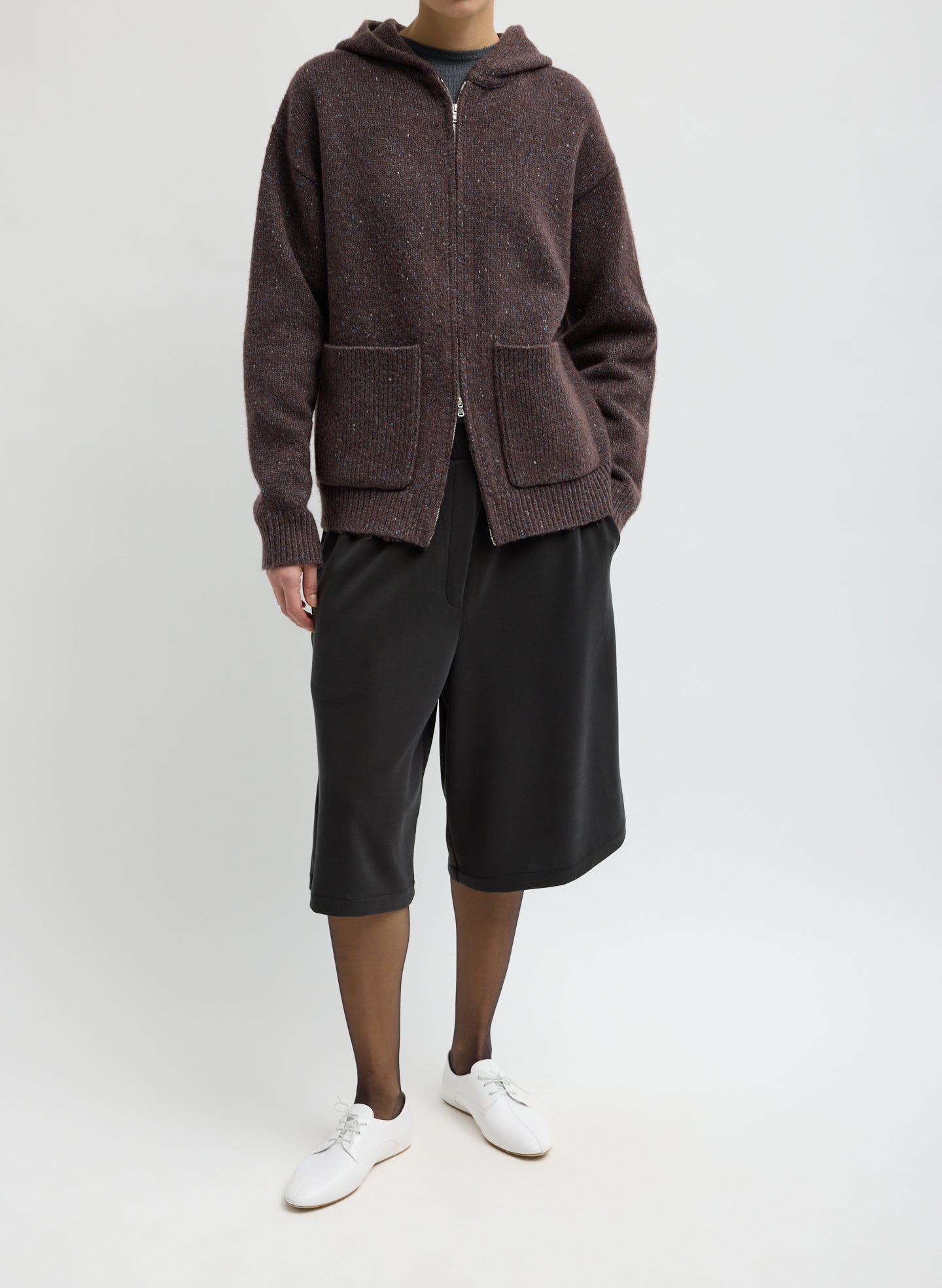 Black Feather Weight Viscose Neoprene Relaxed Short - long sweat short, front view on model