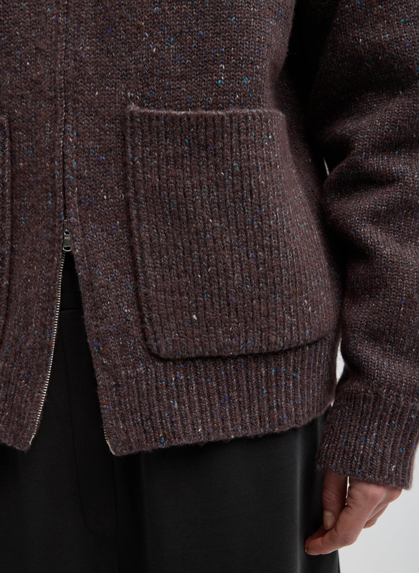 Brown Multi Speckled Tweed Zip Up Hoodie Jacket with Leather Patches - closeup of speckled fabrication