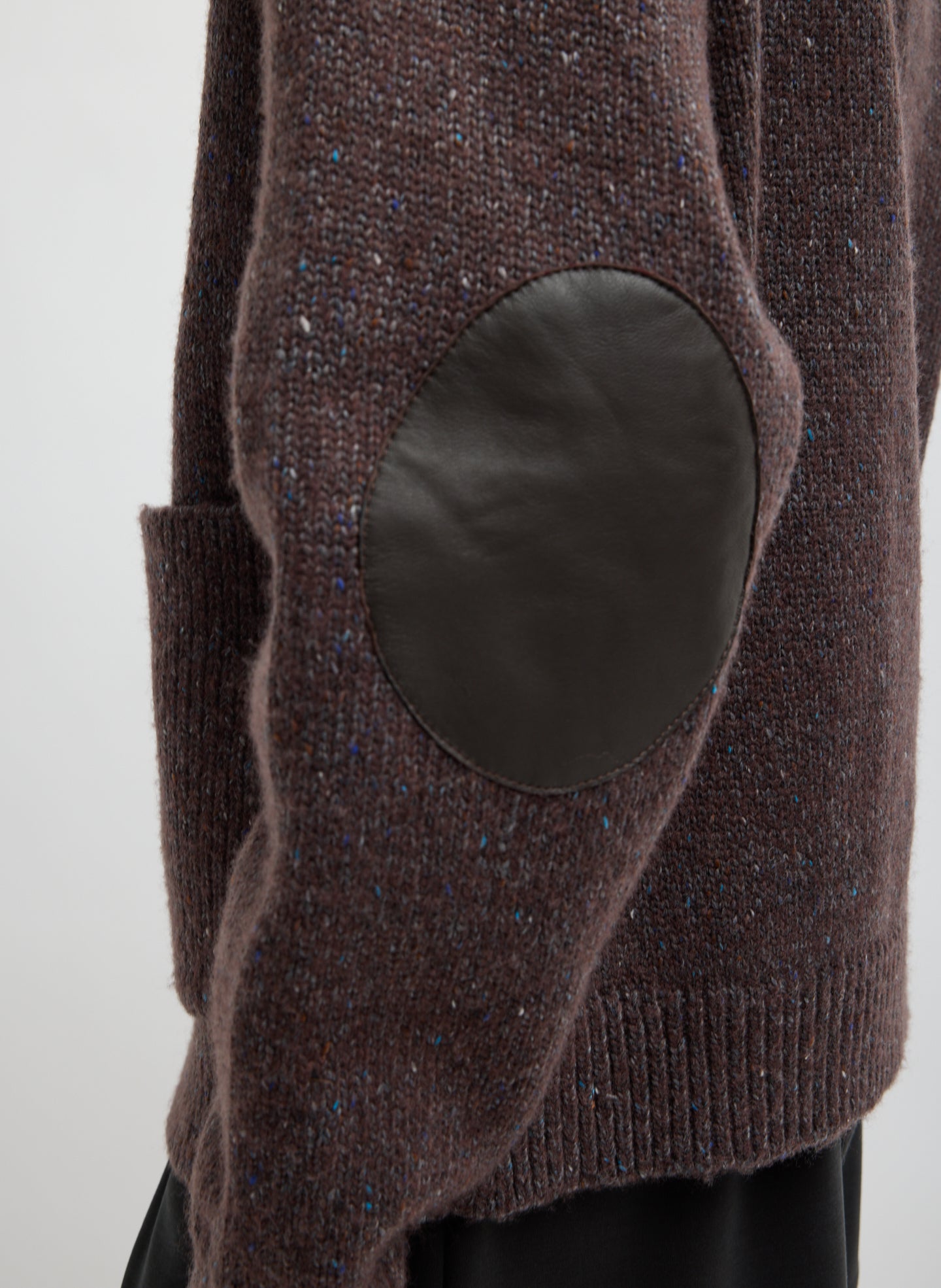 Brown Multi Speckled Tweed Zip Up Hoodie Jacket with Leather Patches - closeup of leather patch at elbow