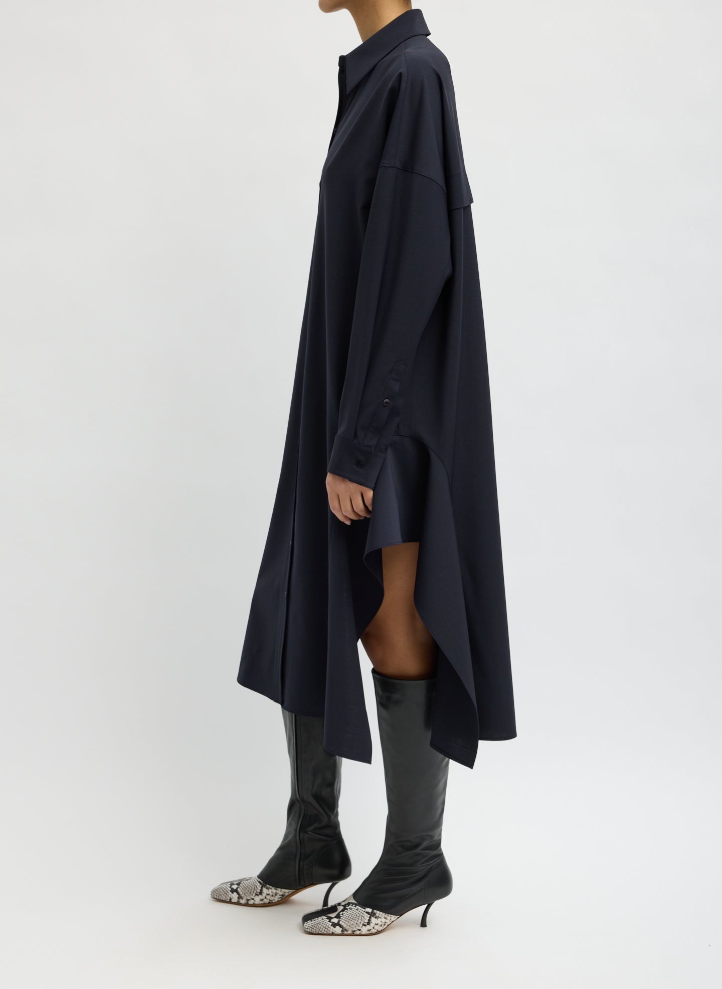Navy Tropical Wool Shirtdress with Side Drape - long sleeve shirtdress, side view on model