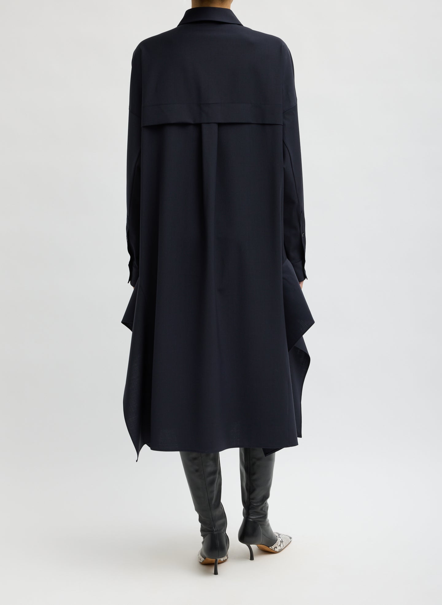 Navy Tropical Wool Shirtdress with Side Drape - long sleeve shirtdress, back view on model
