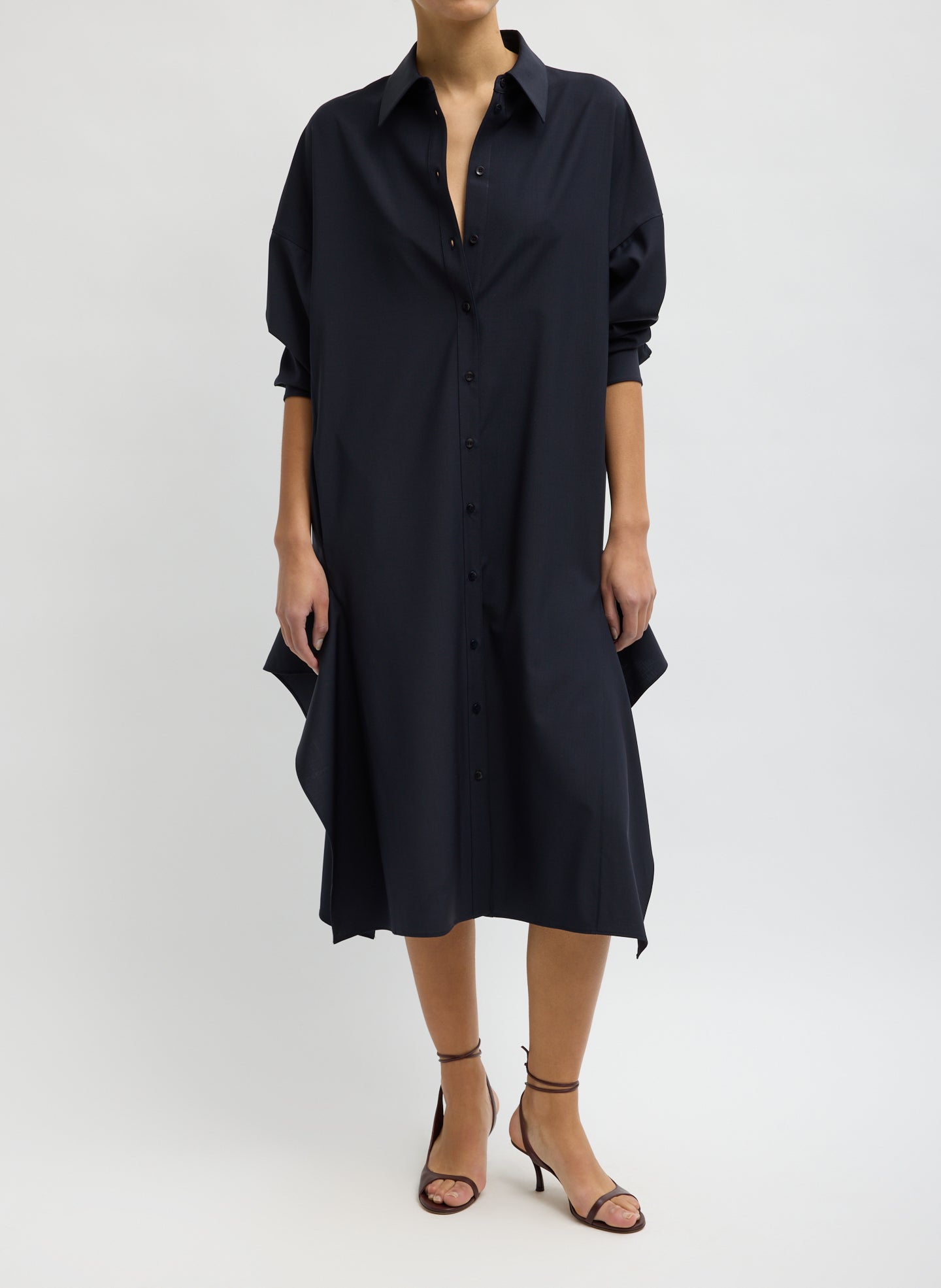 Navy Tropical Wool Shirtdress with Side Drape - long sleeve shirtdress, front view on model