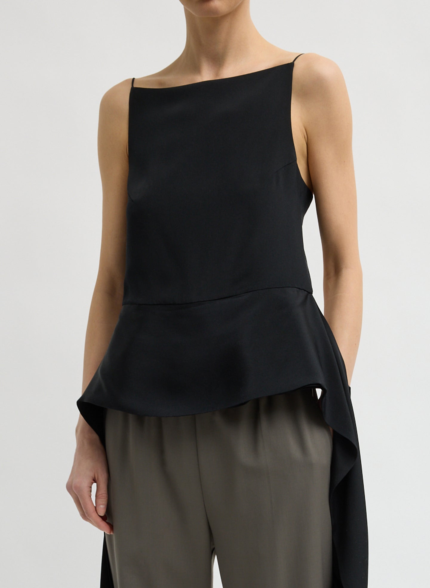 Black 4-Ply Silk Side Drape Cami - sleeveless black top, front view on model
