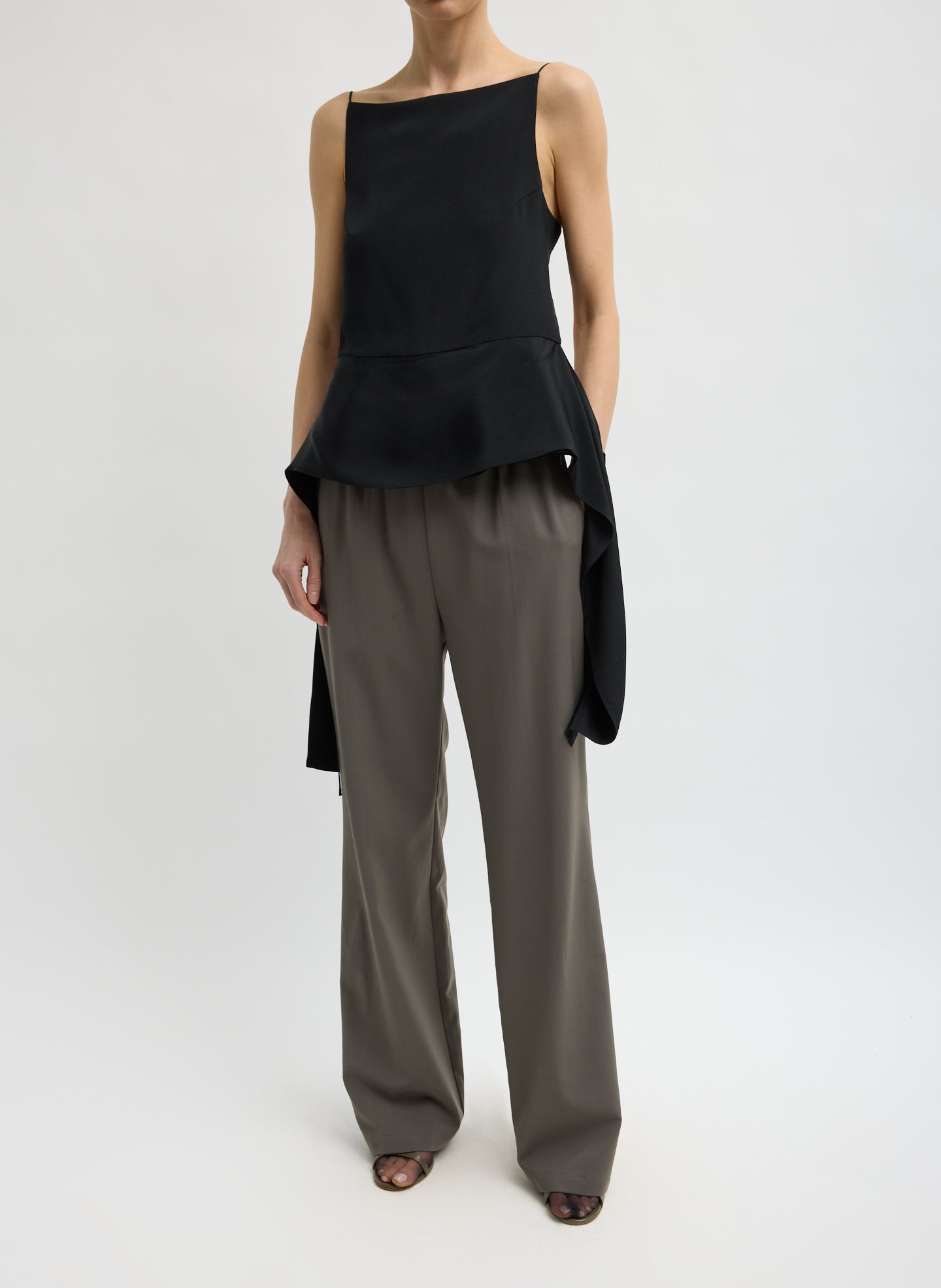 Black 4-Ply Silk Side Drape Cami - full look, front view on model