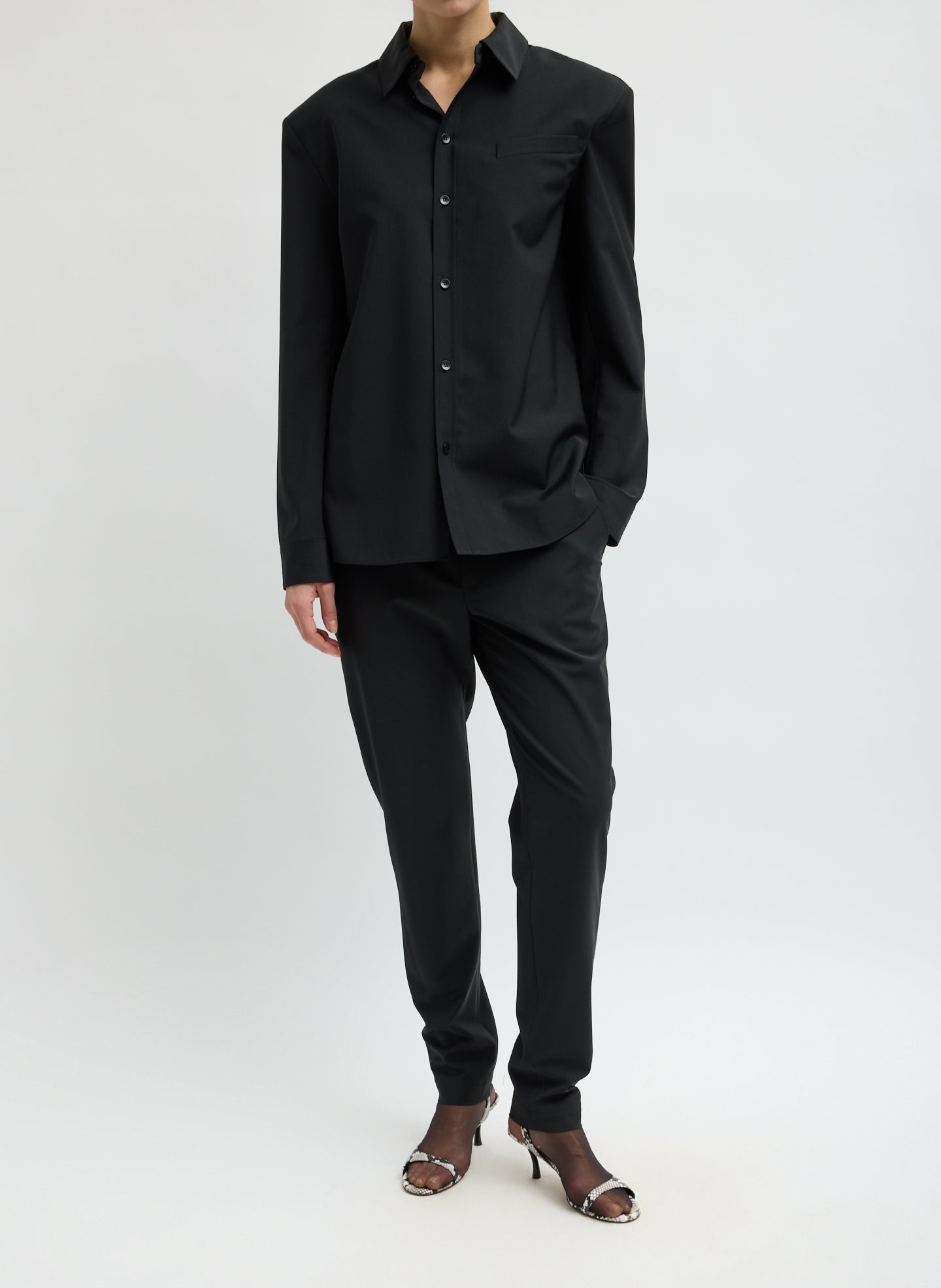 Black Recycled Tropical Wool Detached Shirt - full look, front view on model