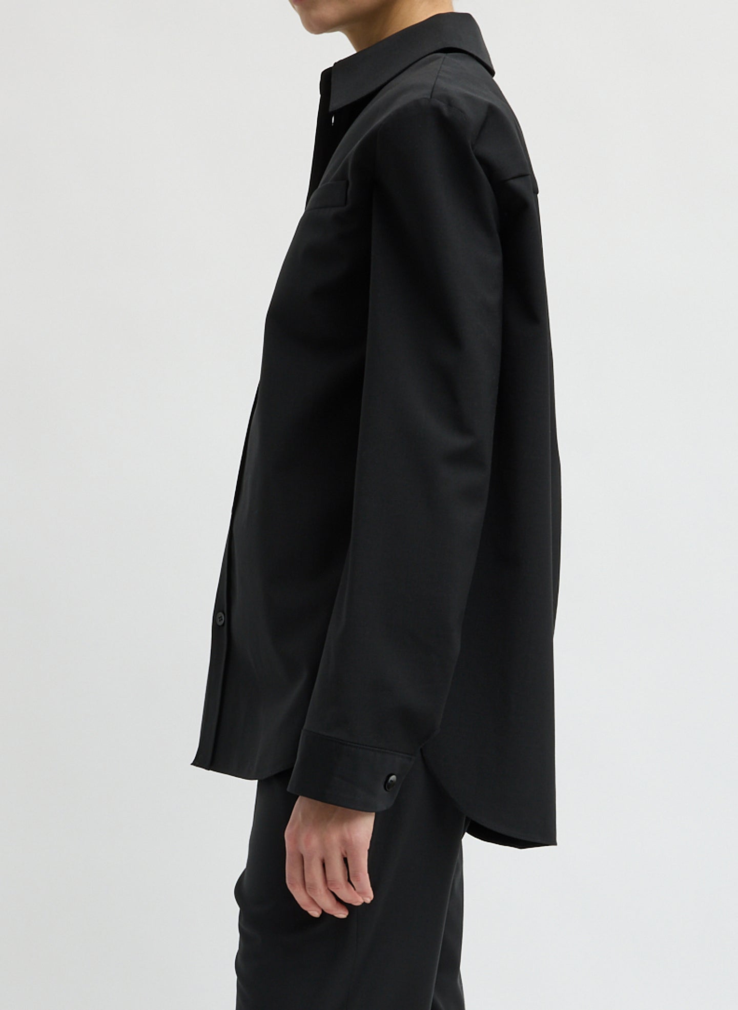 Black Recycled Tropical Wool Detached Shirt - button down shirt, side view on model