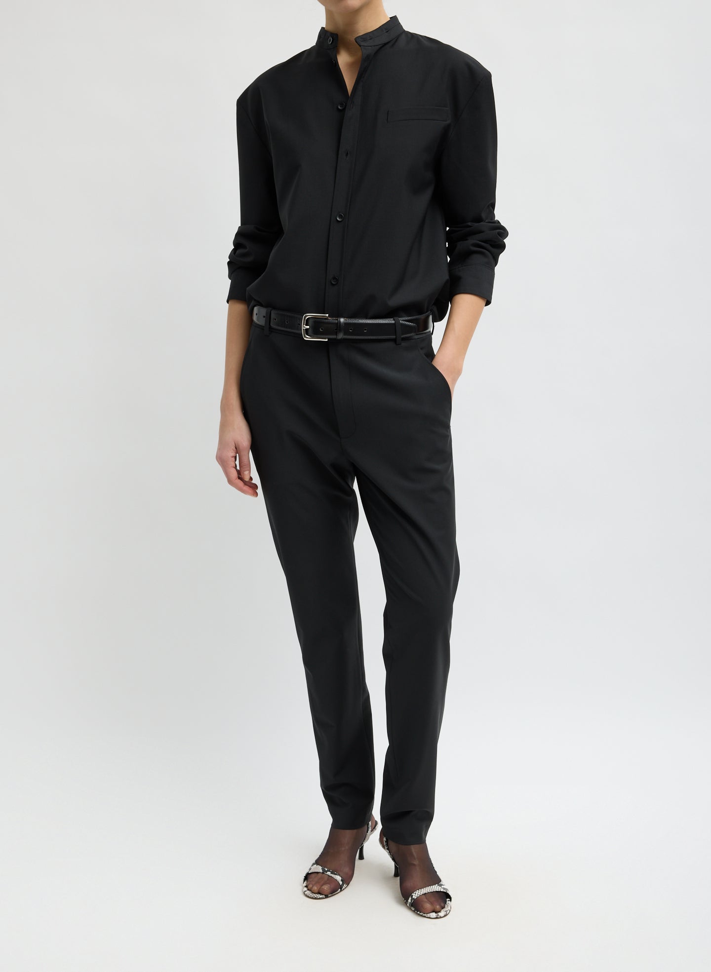 Black Recycled Tropical Wool Detached Shirt - full look, front view on model