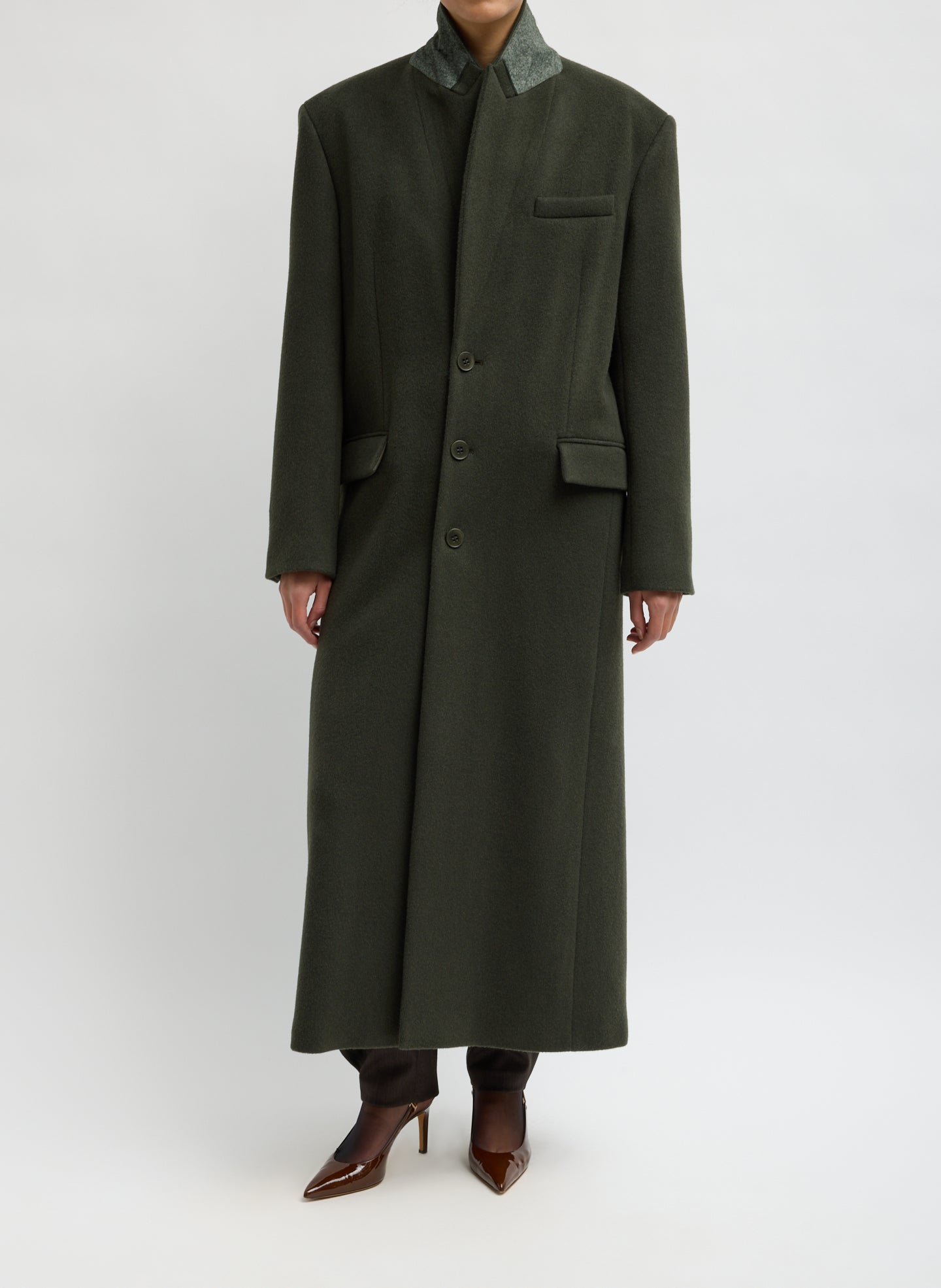 Wool Tailored Men's Maxi Coat - Loden Wool Coating Tailored Men's Maxi Coat - front view on model