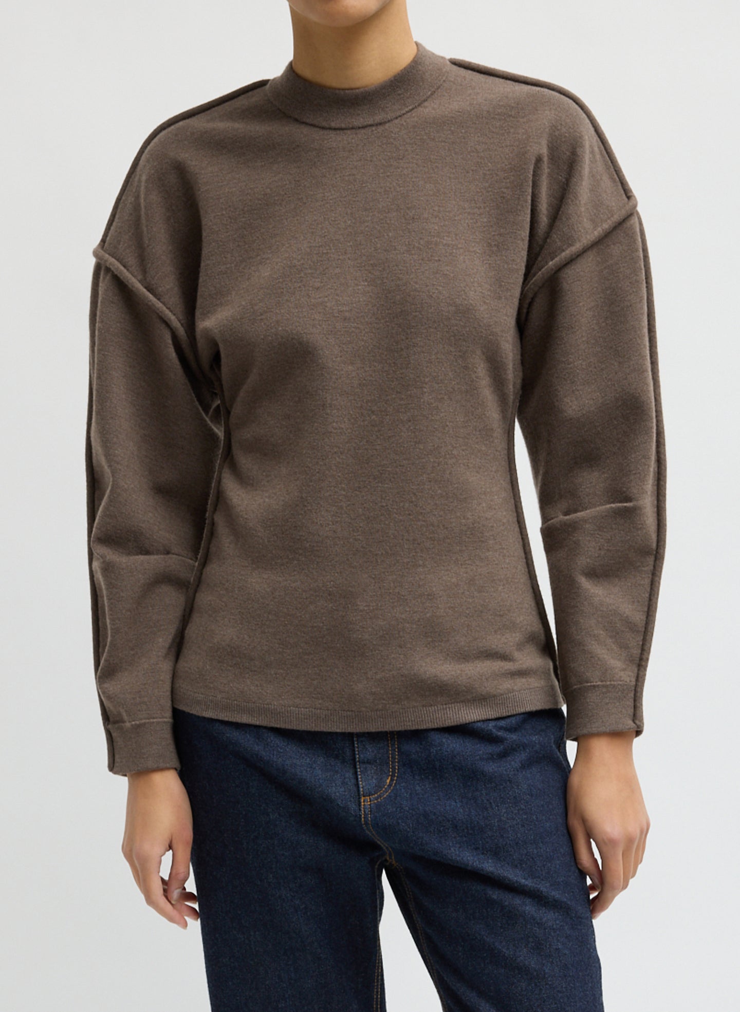 Sculpted Wool Fitted Sweater - Dark Stone Melange Sculpted Wool Fitted Sweater - front view on model