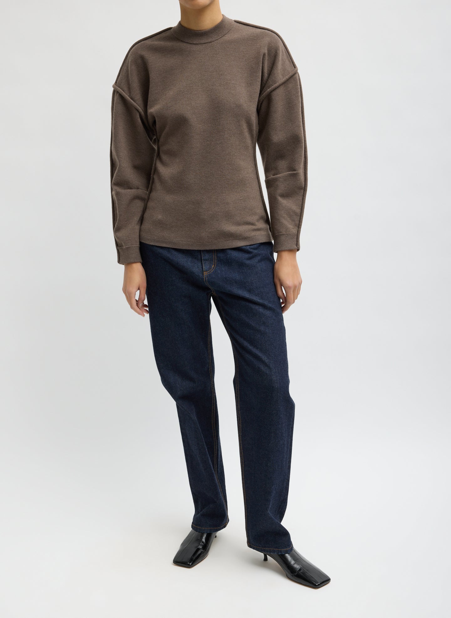 Dark Stone Melange Sculpted Wool Fitted Sweater - full look, front view on model