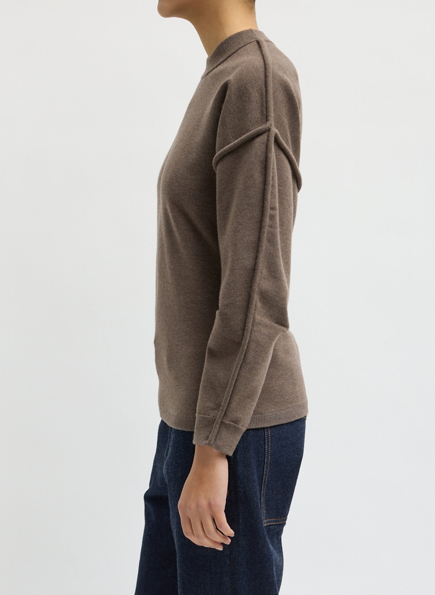 Dark Stone Melange Sculpted Wool Fitted Sweater - side view on model