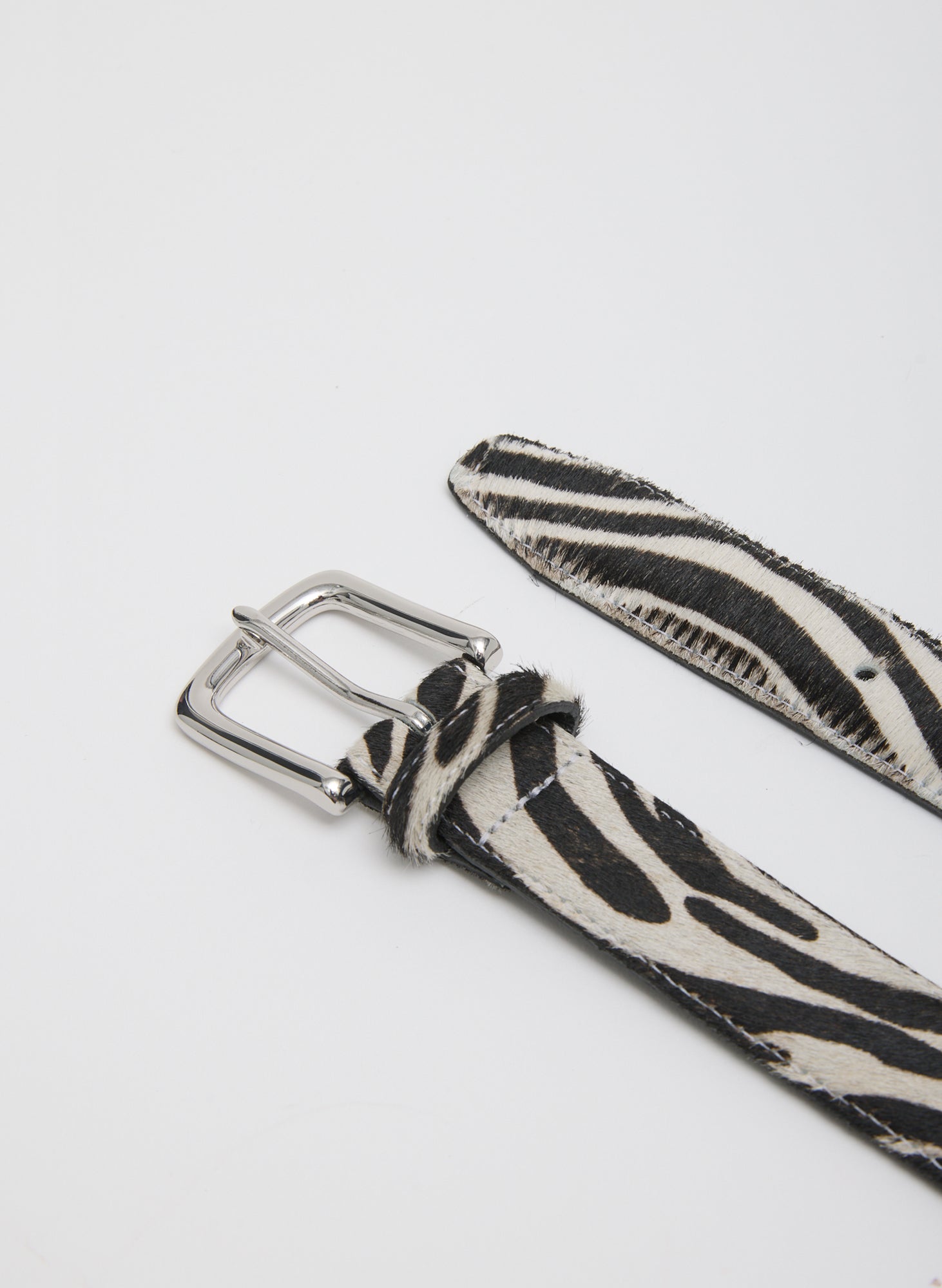 Zebra Print Classic Pony Hair Leather Belt - closeup of belt buckle