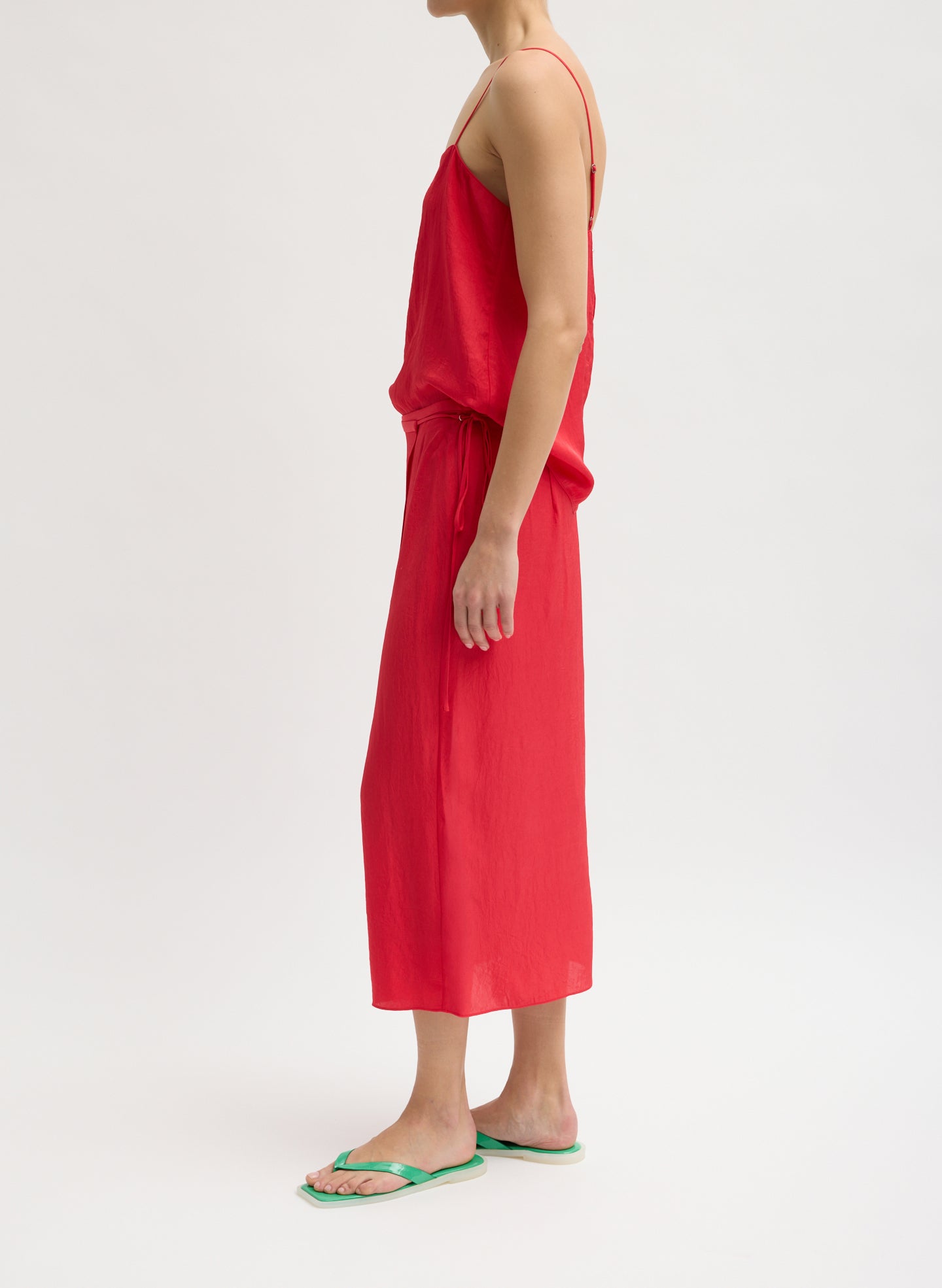 Red Summer Slip Wrap Skirt - midi skirt, side view on model