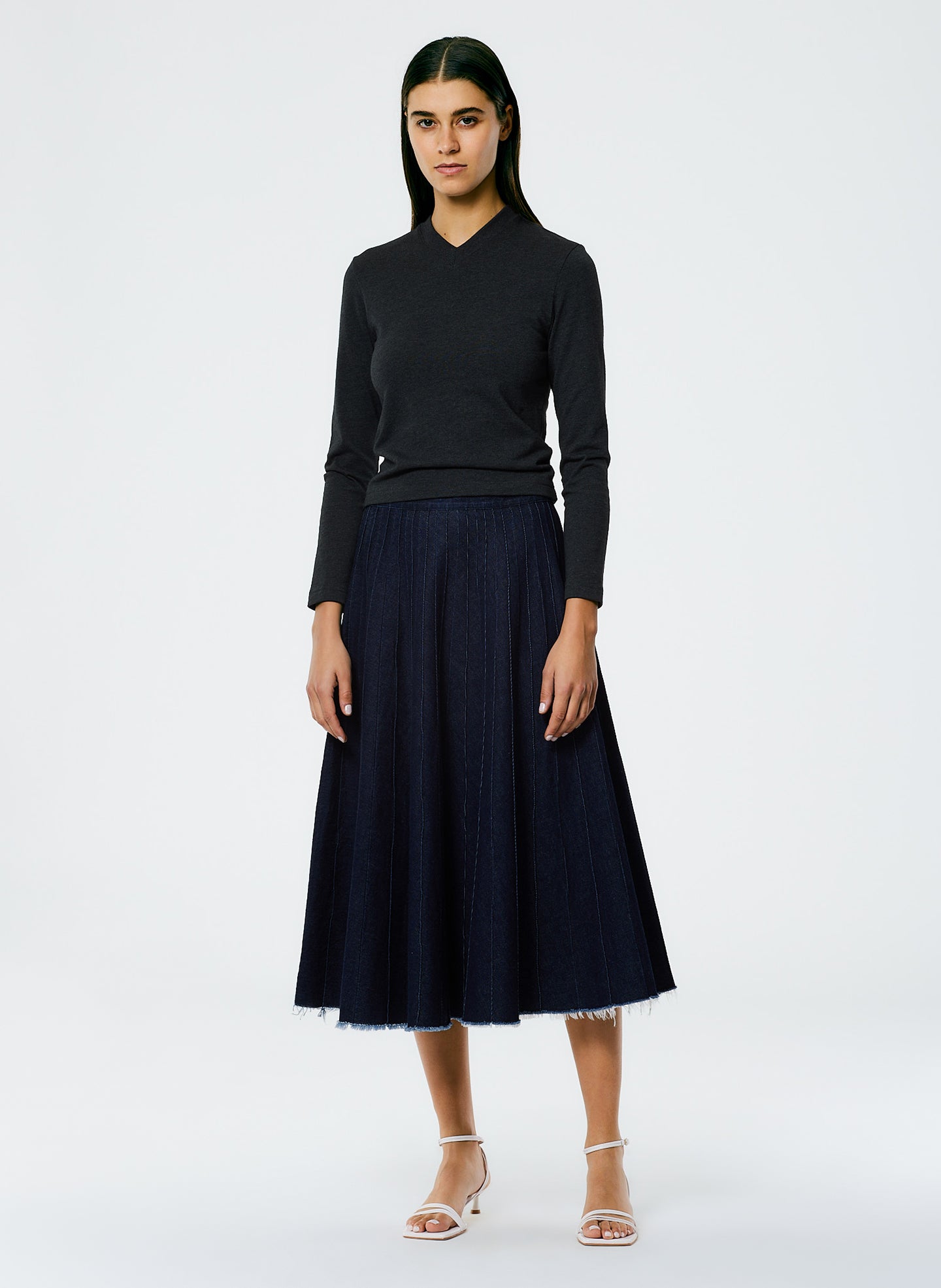 Brushed Denim Pintucked Skirt - Indigo-1