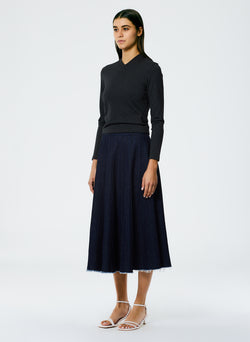 Brushed Denim Pintucked Skirt Indigo-2