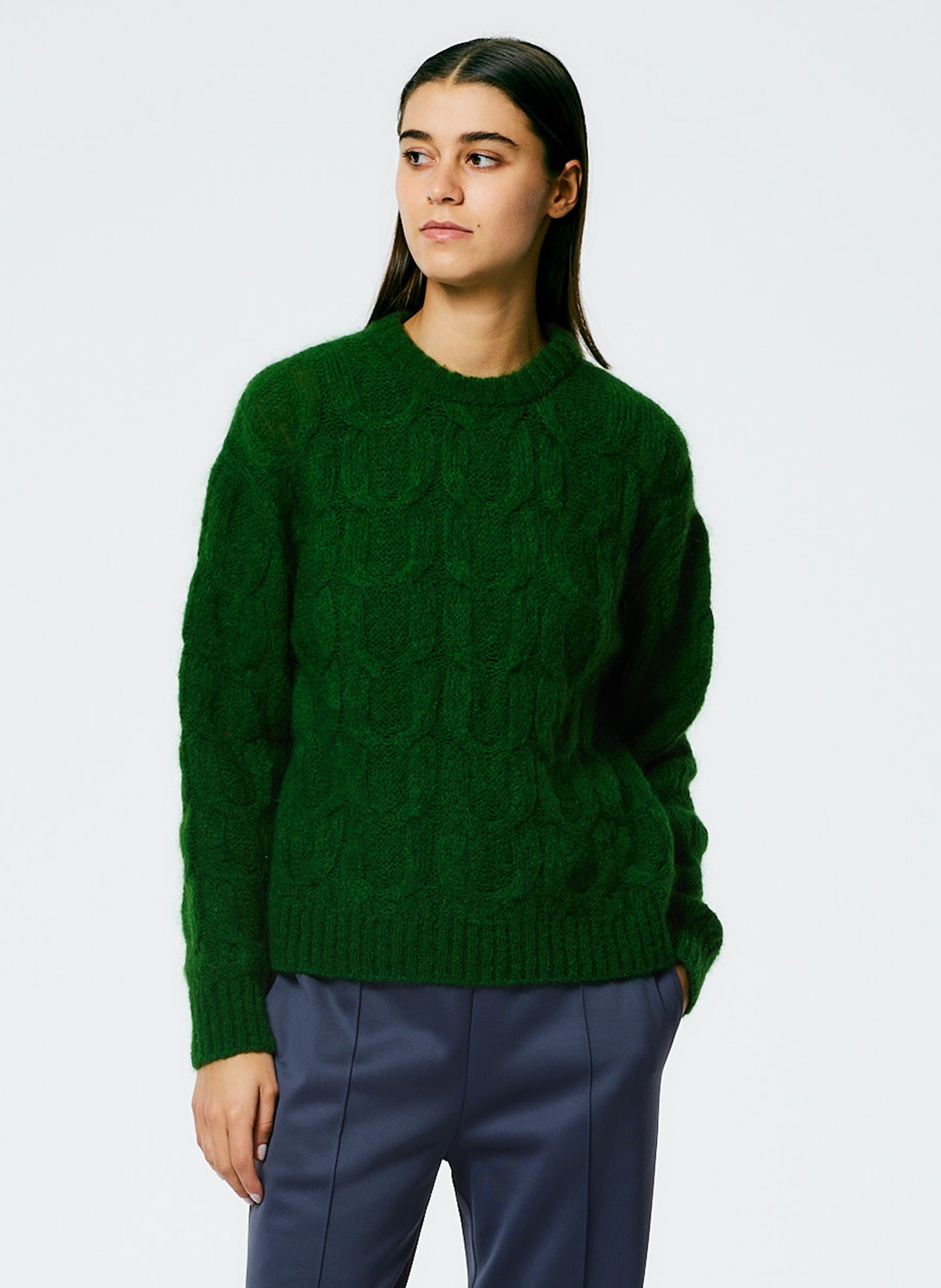 Soft Mohair Cable Crewneck Easy Pullover - Grass-1