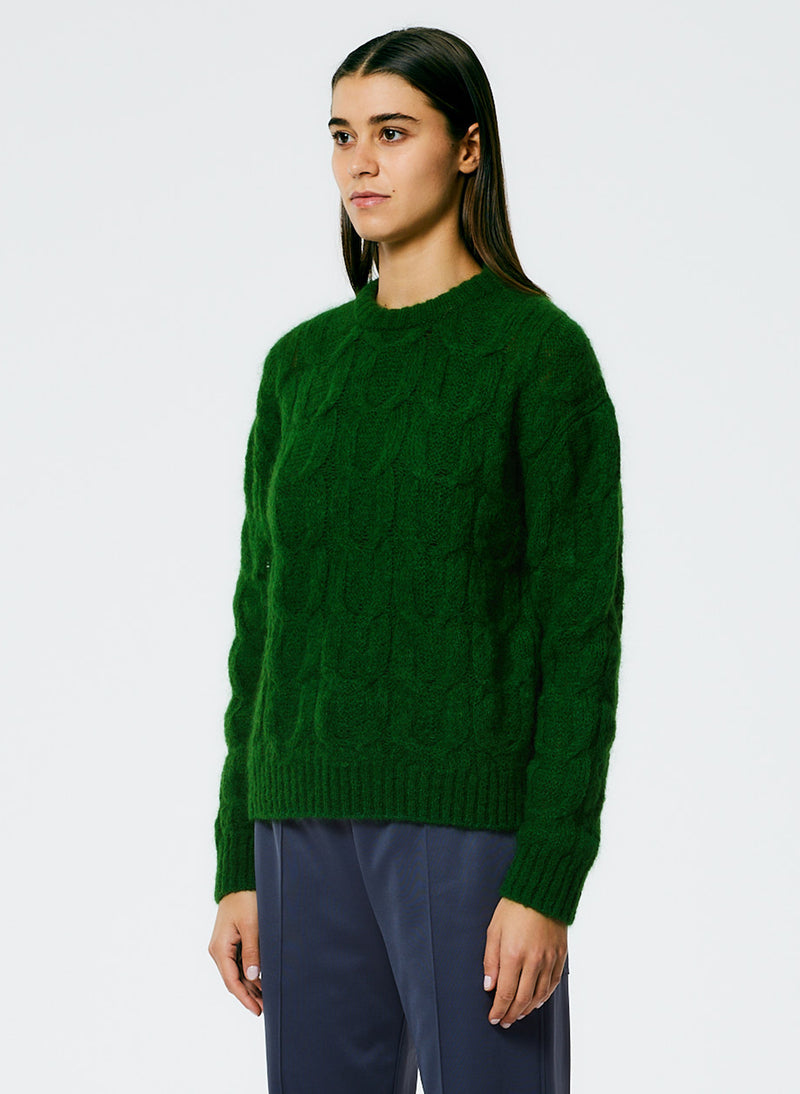 Soft Mohair Cable Crewneck Easy Pullover Grass-2