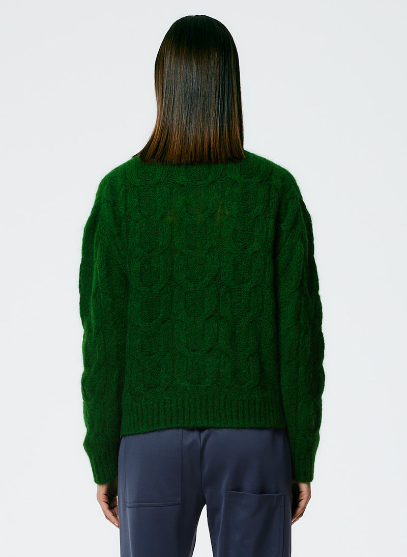 Soft Mohair Cable Crewneck Easy Pullover Grass-3